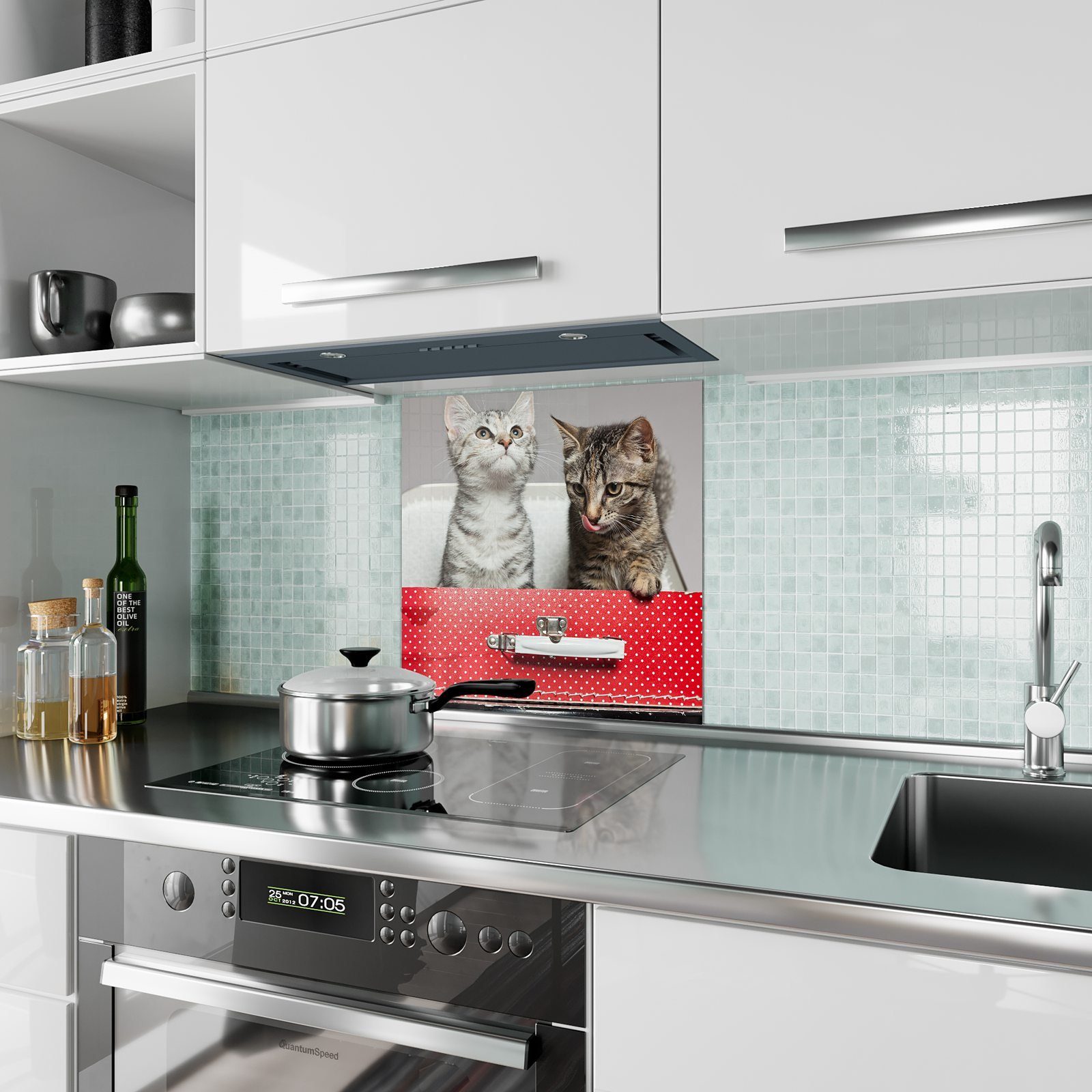 Primedeco Küchenrückwand Spritzschutz Glas Koffer Katzen im