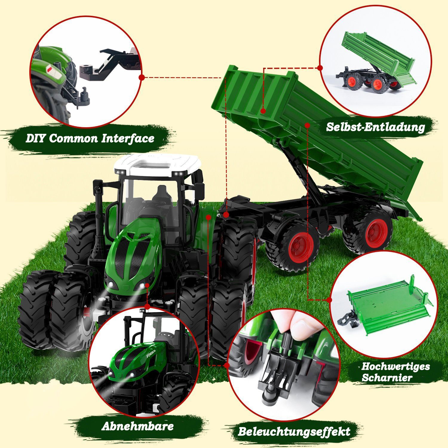 Esun RC-Traktor Ferngesteuerter Traktor mit Anhänger, Traktor Spielzeug ab 3 4 5 Jahre (Set, Komplettset), Traktor Ferngesteuert Ackerschlepper mit Licht und Sound