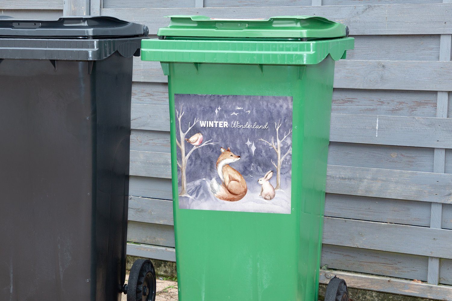 MuchoWow Wandsticker Winter Container, - (1 St), Mülltonne, - Sticker, Mülleimer-aufkleber, Fuchs Abfalbehälter Schnee
