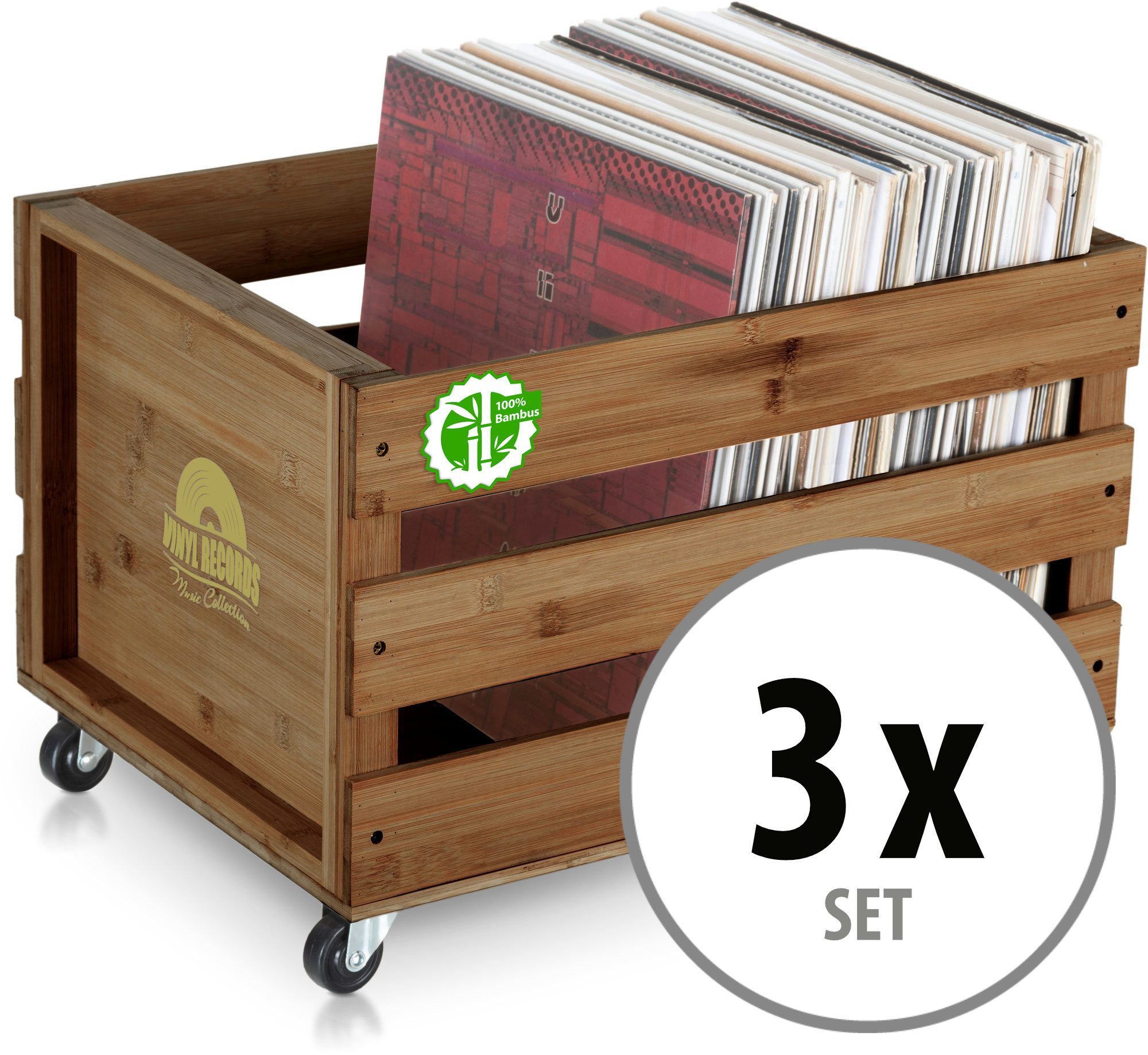 Stagecaptain Holzkiste Emil 3er-Set Schallplattenkisten Bambus Braun für bis zu 300 LPs (3 St., 3er Set), für bis zu 100 LPs - aus Vollholz im Retro-Design