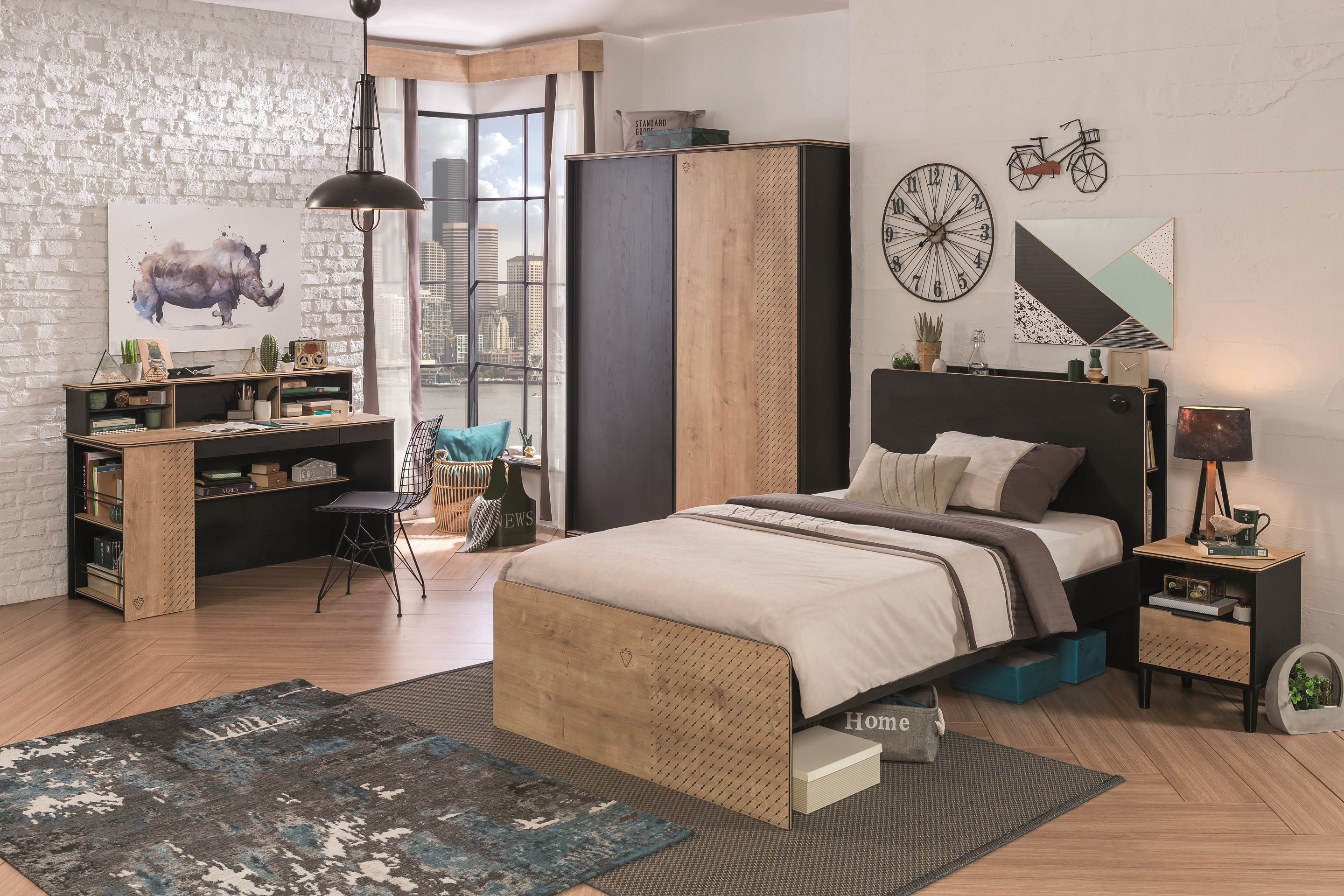 Möbel-Zeit Jugendzimmer-Set BLACK 6-tlg. Schrank Bett Nachttisch Schreibtisch Aufsatz Bücherregal