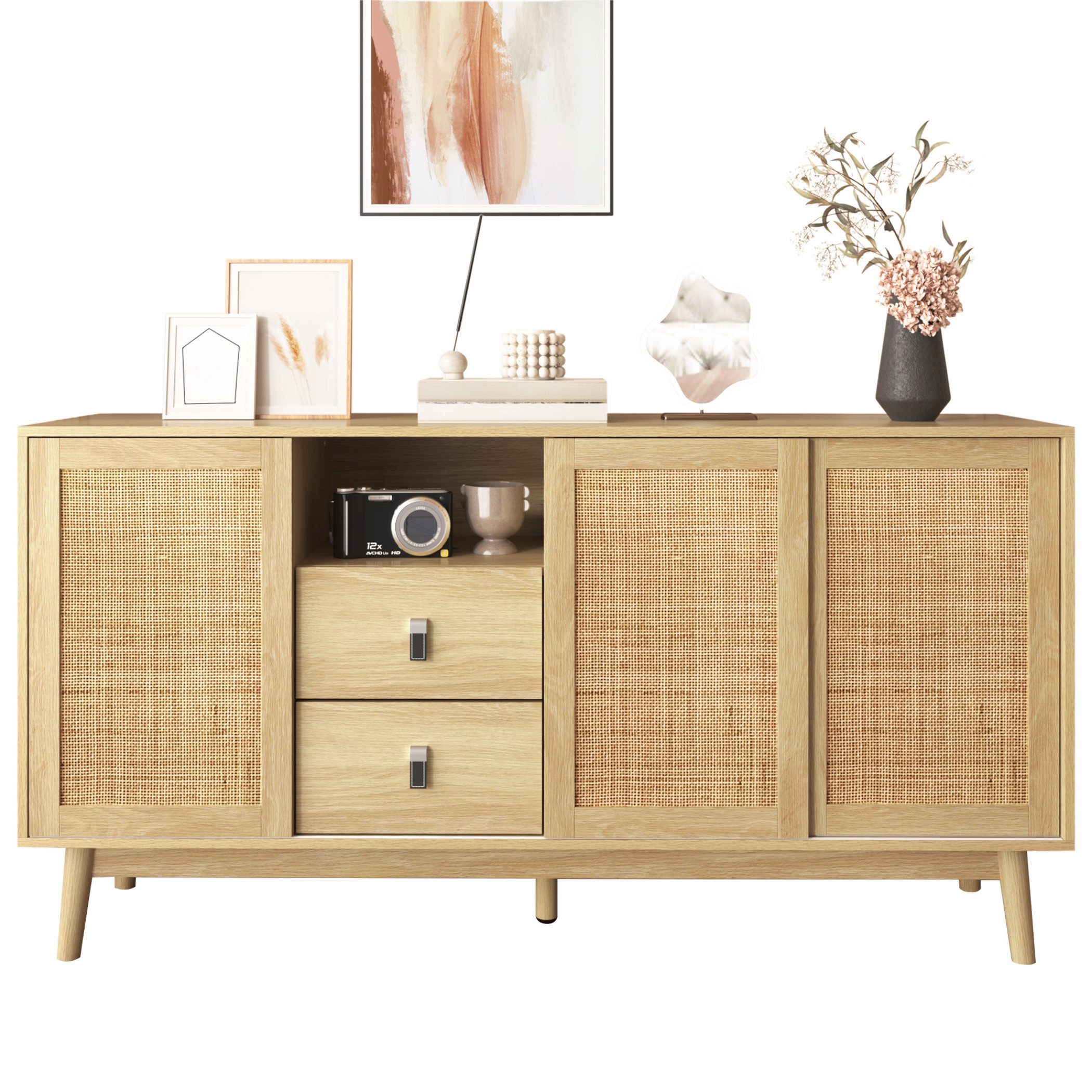SeedWave Sideboard Retro Kommode mit 1 Offenem Fach, 2 Schubladen, 3 Rattan-Schiebetüren, Ausreichender Stauraum, Ratten-Schiebetüren für gute Atmungsaktivität
