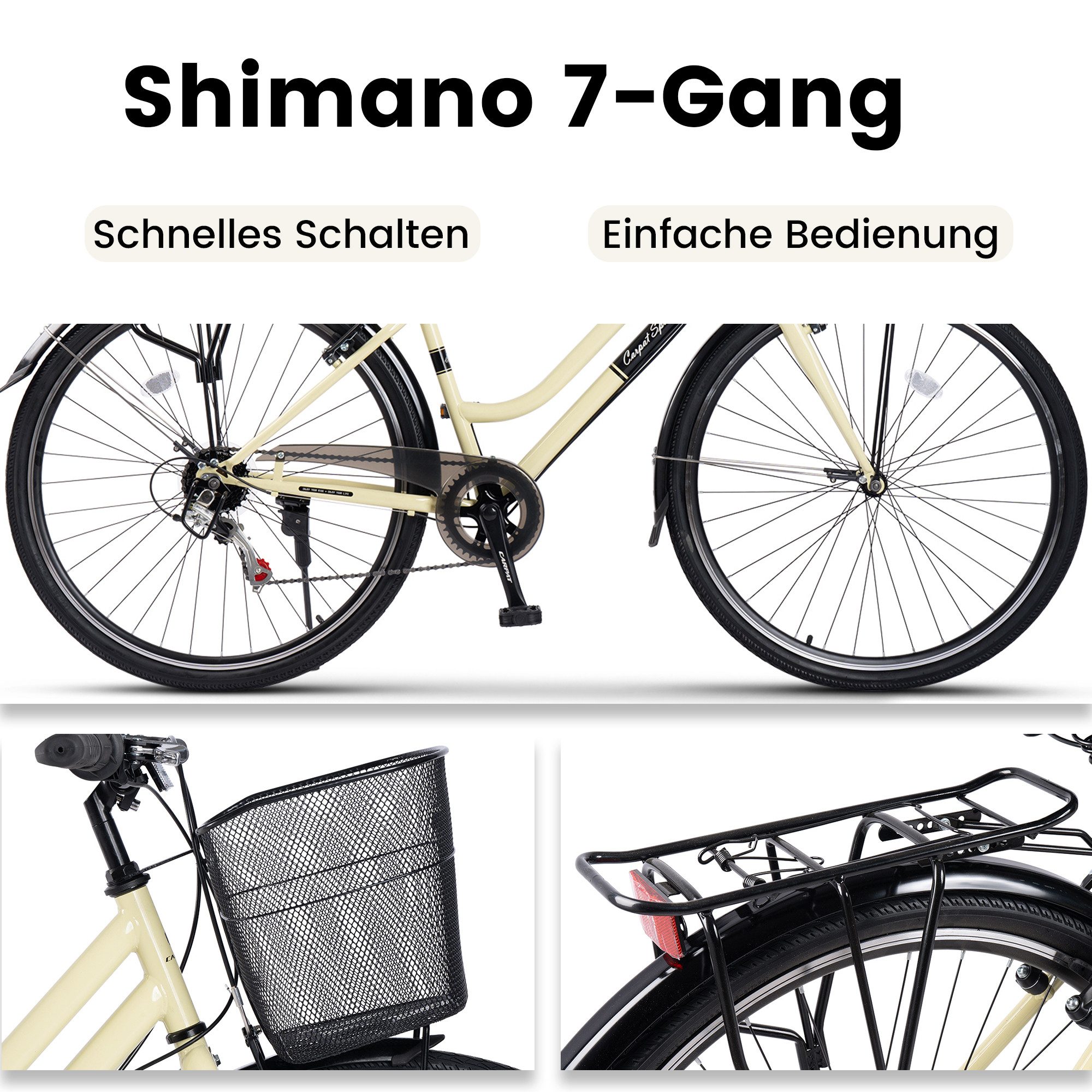 CARPAT SPORT City Bike 28 Inch Women's City Bicycle with Basket, 7-Speed ​​Shimano, Dutch Bike, 7-Speed ​​Shimano, City Bike V-Brakes Women's