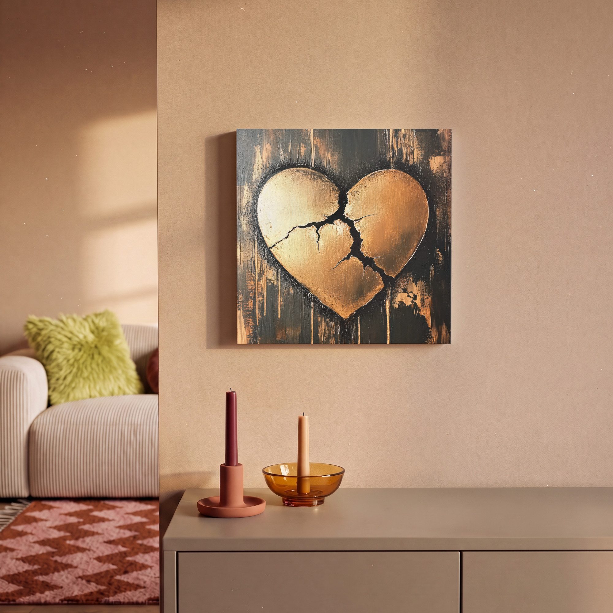 OneMillionCanvasses® Leinwandbild Gebrochenes Herz - Gold - Holzoptik - Liebe, Fotodruck (1 St), Leinwand Bilder Klein, Wand Dekoration Aesthetic 30x20 cm – Bild 2 von 5