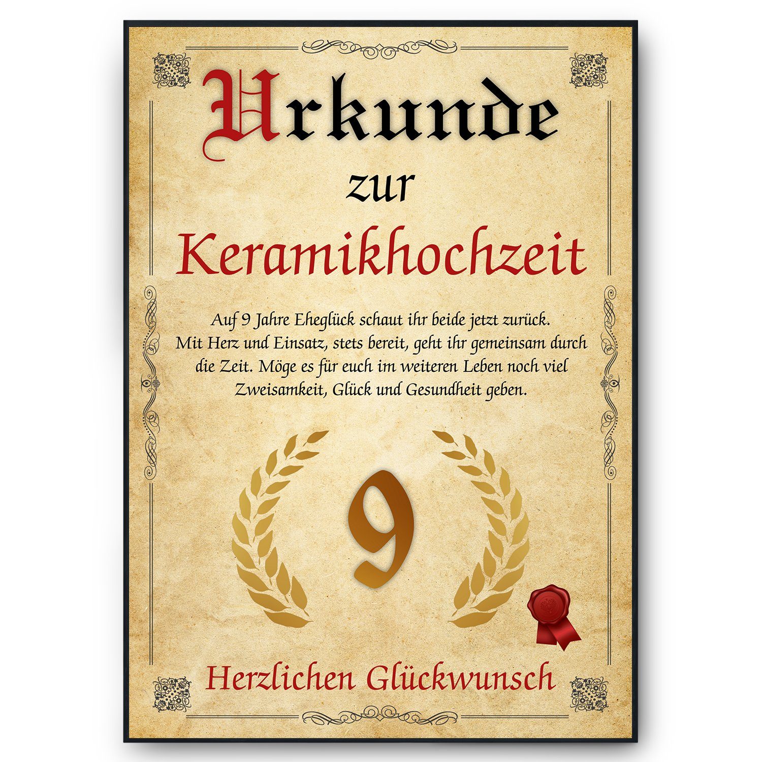 Tigerlino Poster Urkunde zum 9. Hochzeitstag Geschenk 9. Jahrestag