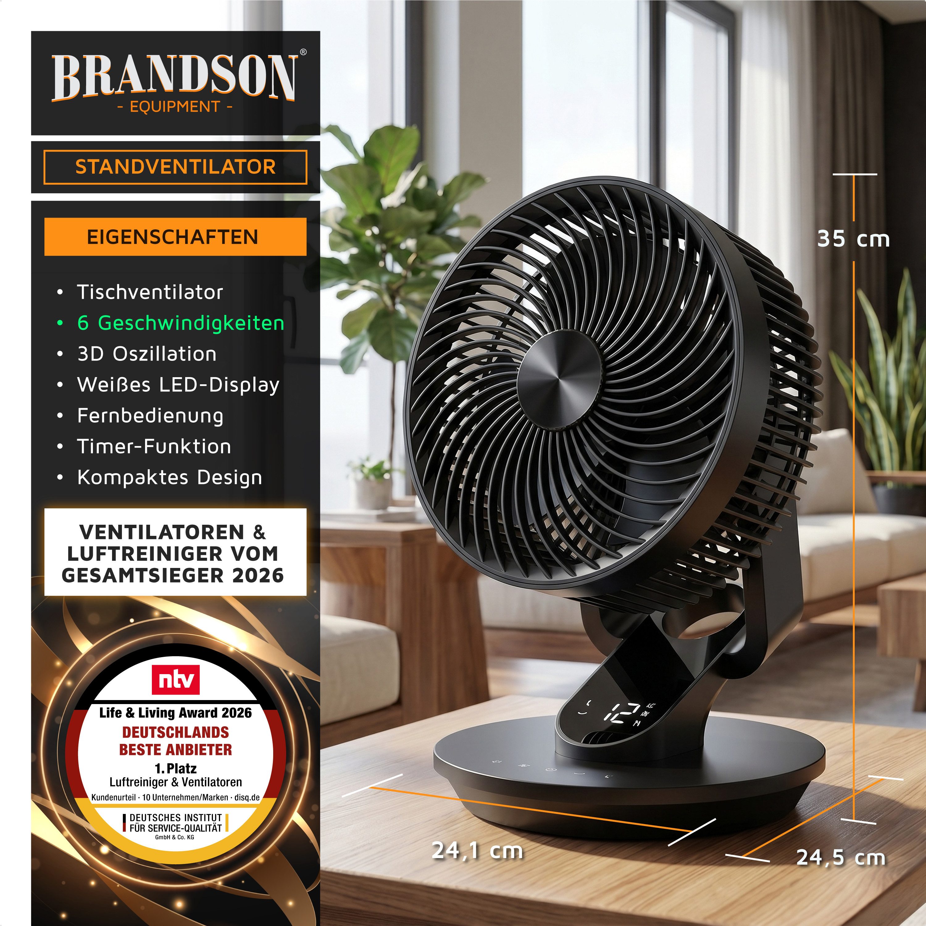 Brandson Tischventilator mit 3D Oszillation & Display, sehr leise, Fernbedienung, Timer, 42 cm Durchmesser, Sieger Ventilatoren & Luftkühler 2026, 6 Geschwindigkeitsstufen
