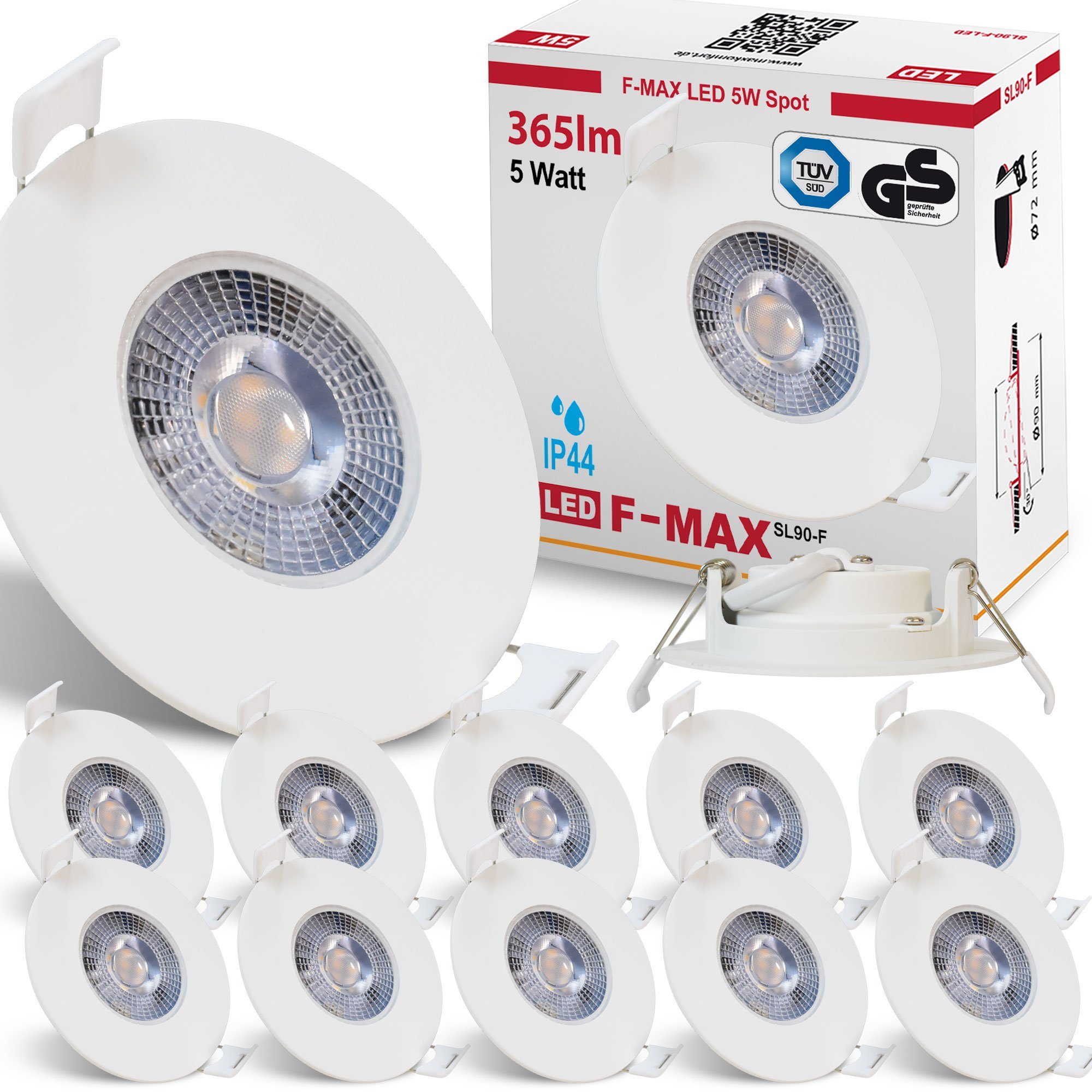 Maxkomfort LED Einbaustrahler F-Max IP44, LED fest integriert, 3000K, Warmweiß, Einbauspot, IP44, Spot, 3-Stufen Dimmbar, Warmweiß, Flach, Rund