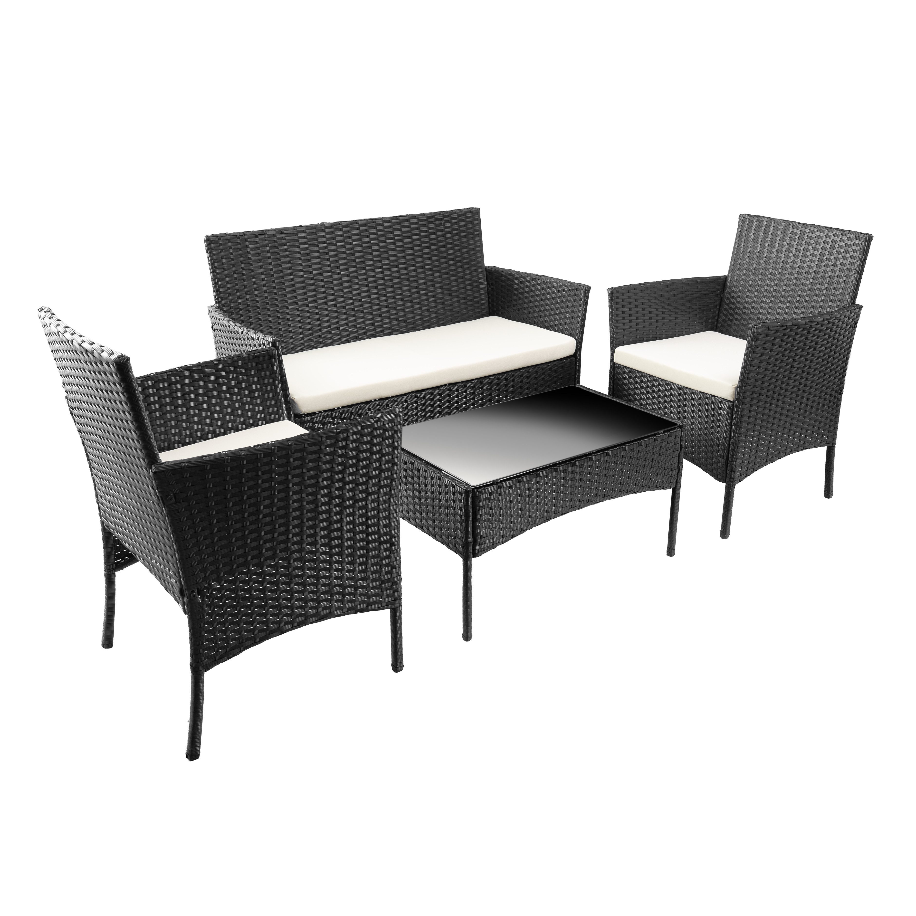Furnify Gartenlounge-Set STEINHOF 4-teilig Gartenmöbel Set mit Sofa, 2 Sesseln & Glastisch, (Set, 4-tlg., Sofa, 2x Sessel, 1x Tisch, Sitzkissen), Mit Sitzkissen inklusive