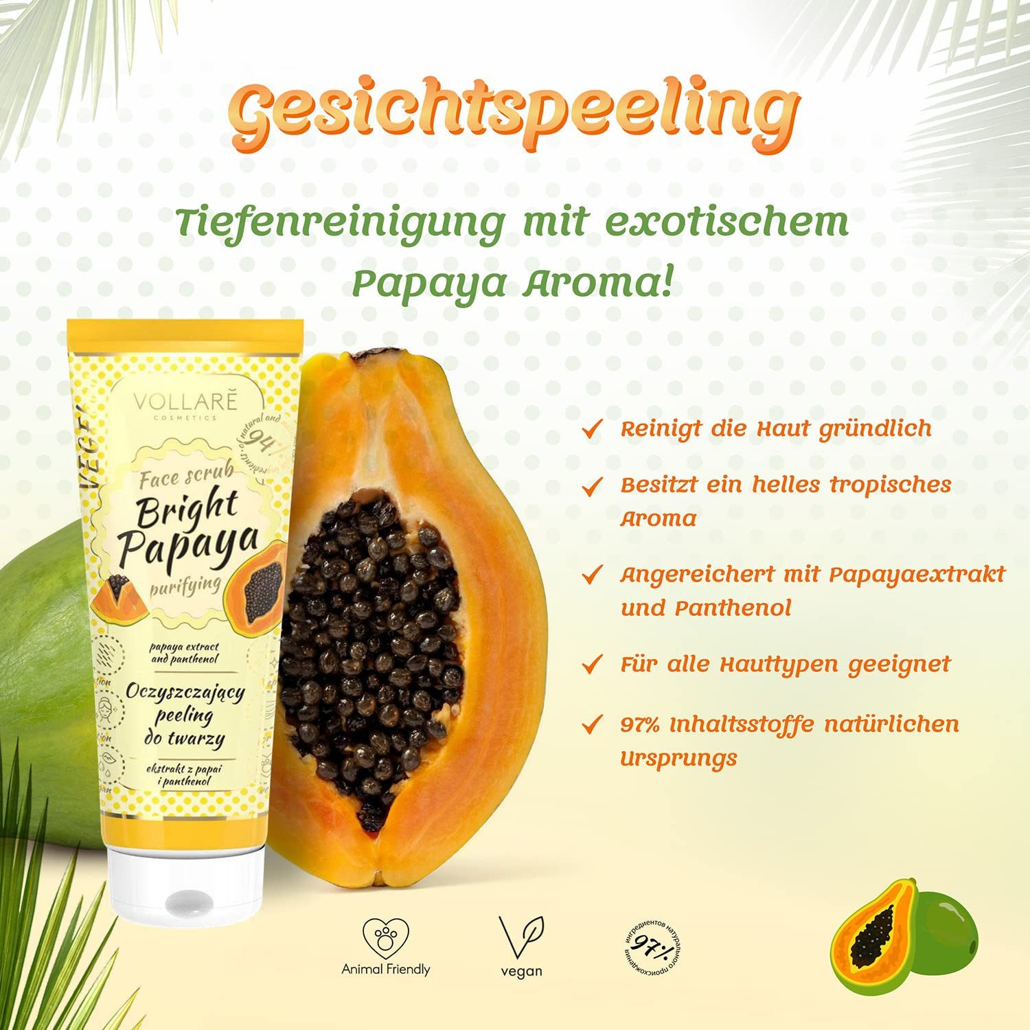 Vollarè Cosmetics Gesichts-Reinigungscreme Gesichtspeeling Fruchtsäurepeeling mit Papayaextrakt Vegan Bio, 1-tlg.