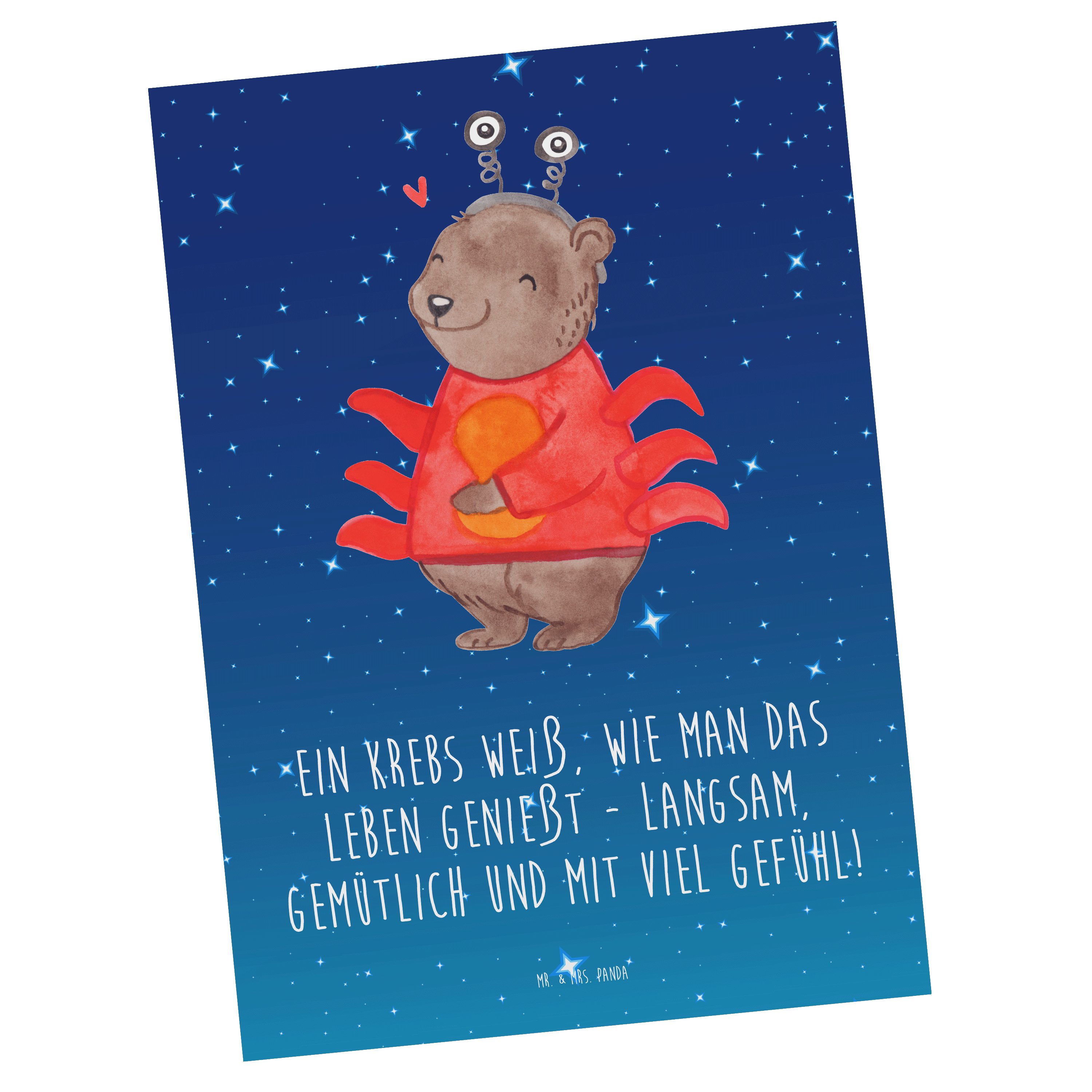 Mr. & Mrs. Panda Postkarte Krebs Lebensart - Sternenhimmel Blau - Geschenk, Gemütlichkeit, Stern, Matte Rückseite