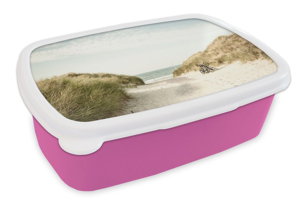 MuchoWow Lunchbox Strand - Düne - Fahrrad, Kunststoff, (2-tlg), Brotbox für Erwachsene, Brotdose Kinder, Snackbox, Mädchen, Kunststoff rosa