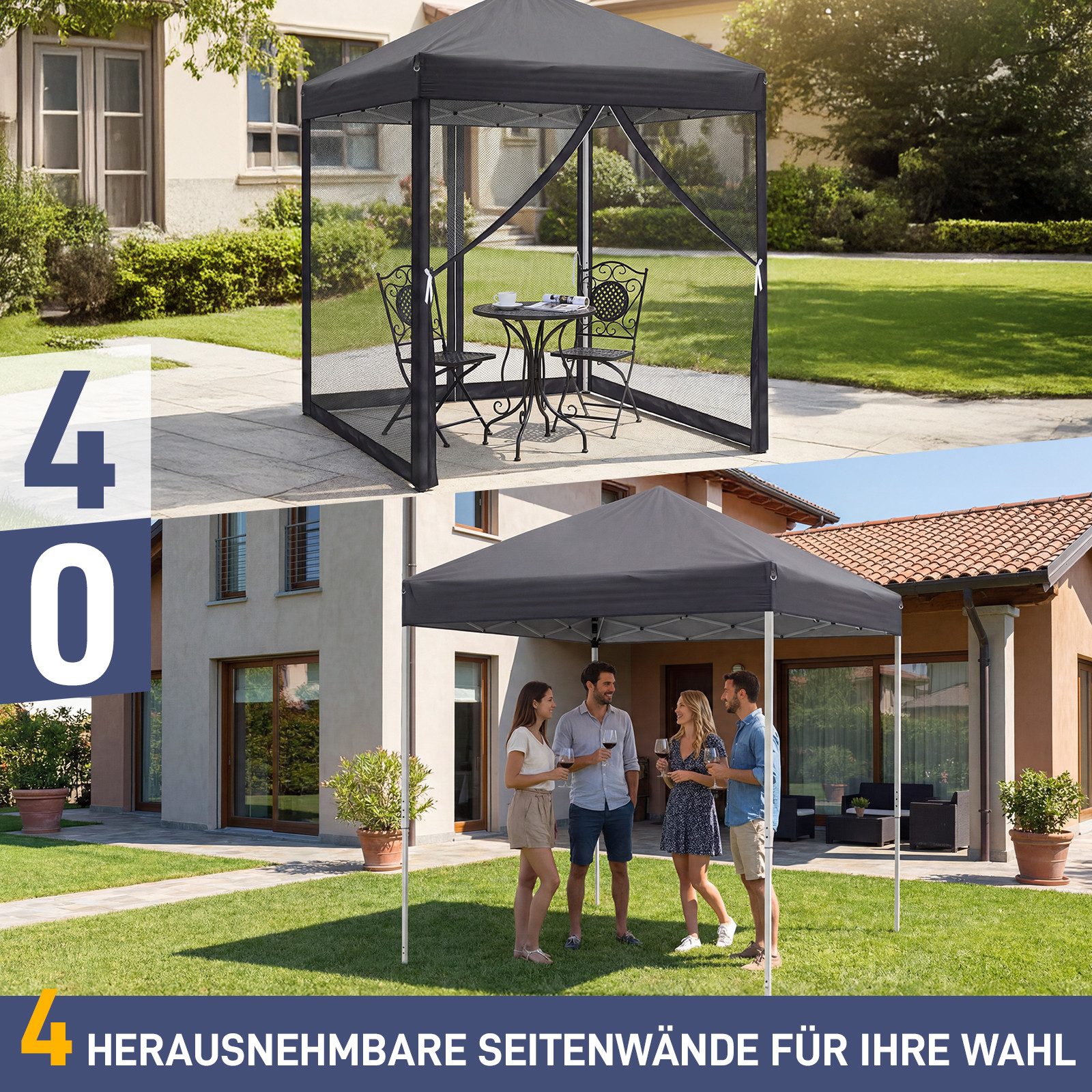 LALAHO Faltpavillon Partyzelt Pop Up Pavillon 2x2m, mit 4 Netzvorhängen, UV-Schutz, mit 4 Seitenteilen, Gartenpavillon höhenverstellbar,mit Tragetasche,für Gart – Bild 4 von 5