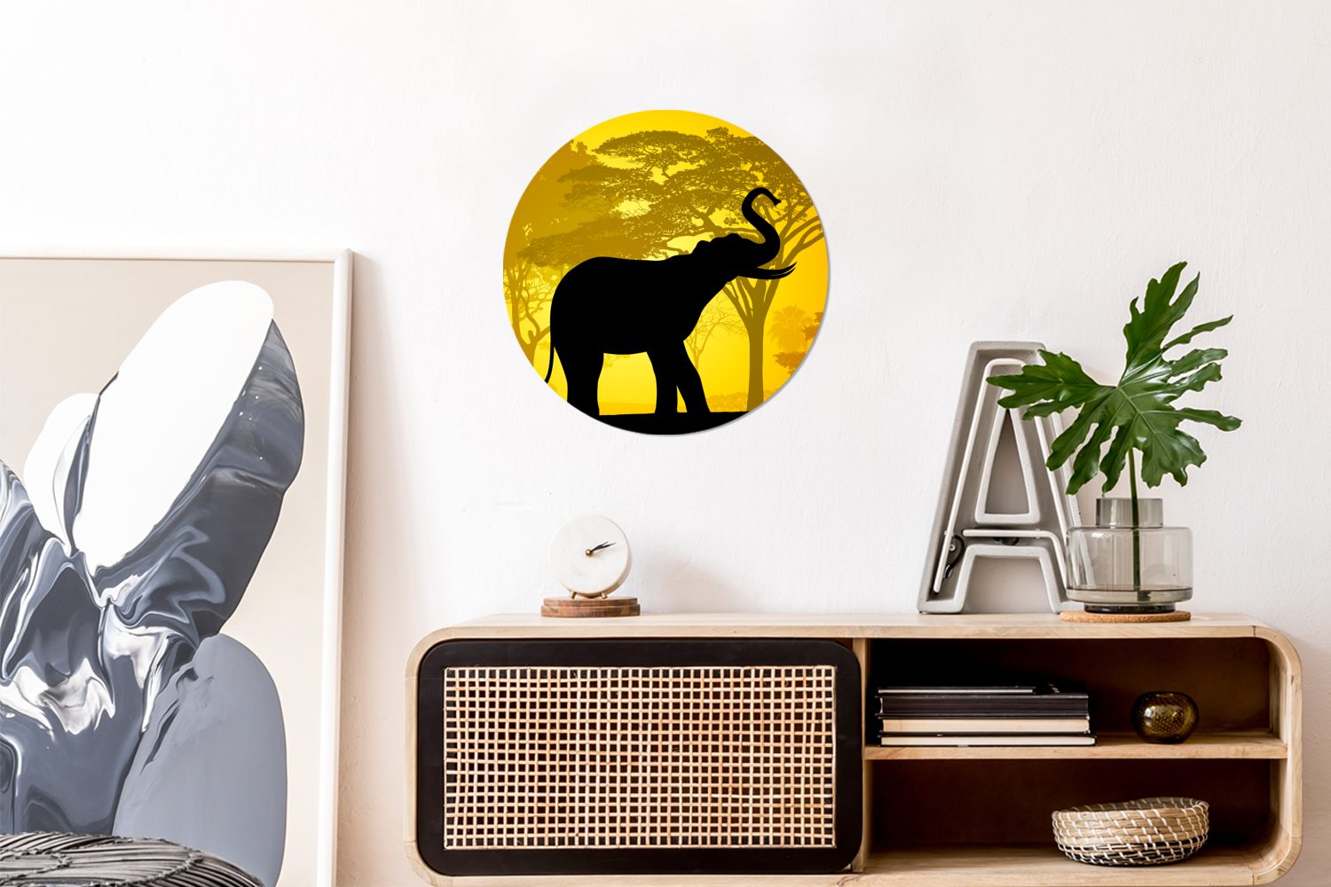 MuchoWow Wandsticker Tapetenaufkleber, Eine Elefanten für Rüssel mit aufgerichtetem Illustration Wohnzimmer Tapetenkreis Rund, eines (1 St), Kinderzimmer