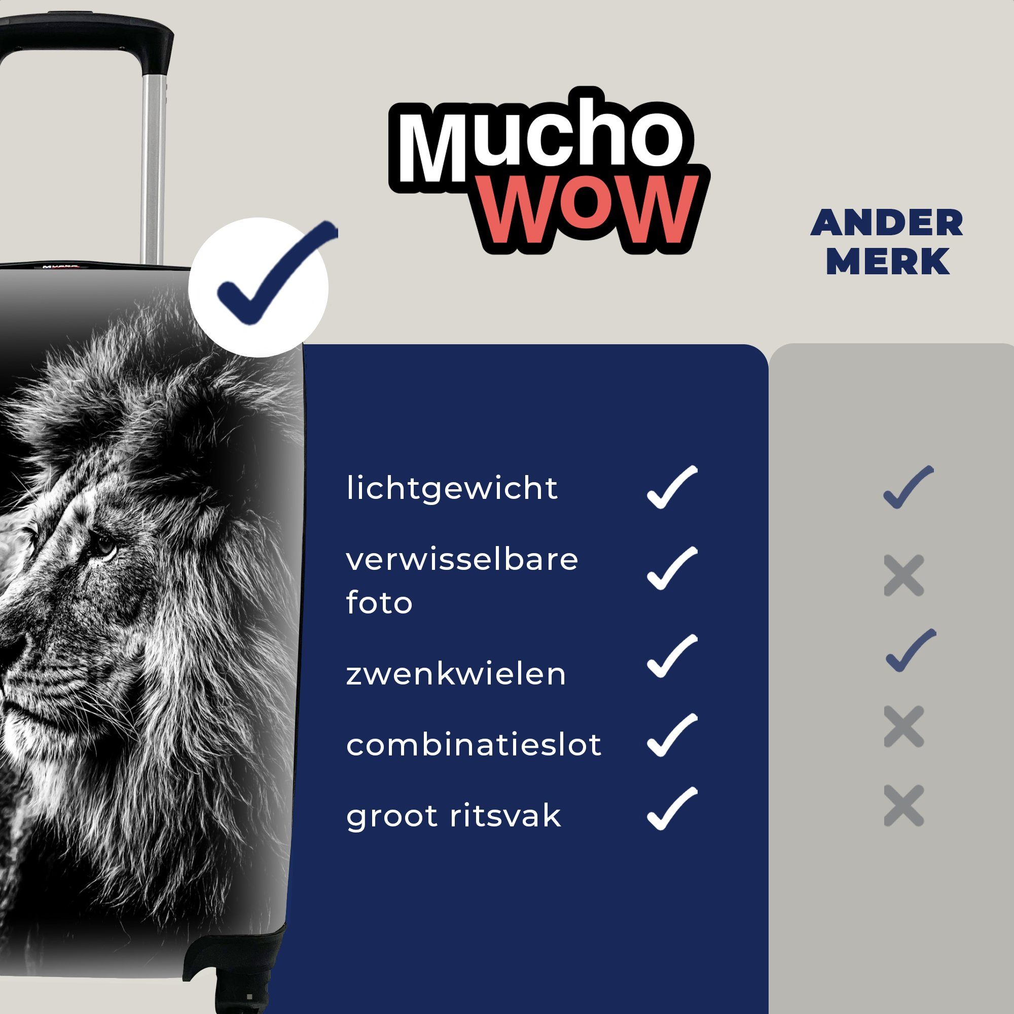 MuchoWow Handgepäckkoffer Tiere - Wild - Ferien, Trolley, für 4 mit Weiß, - Handgepäck Reisekoffer - rollen, Schwarz Reisetasche Löwe Rollen
