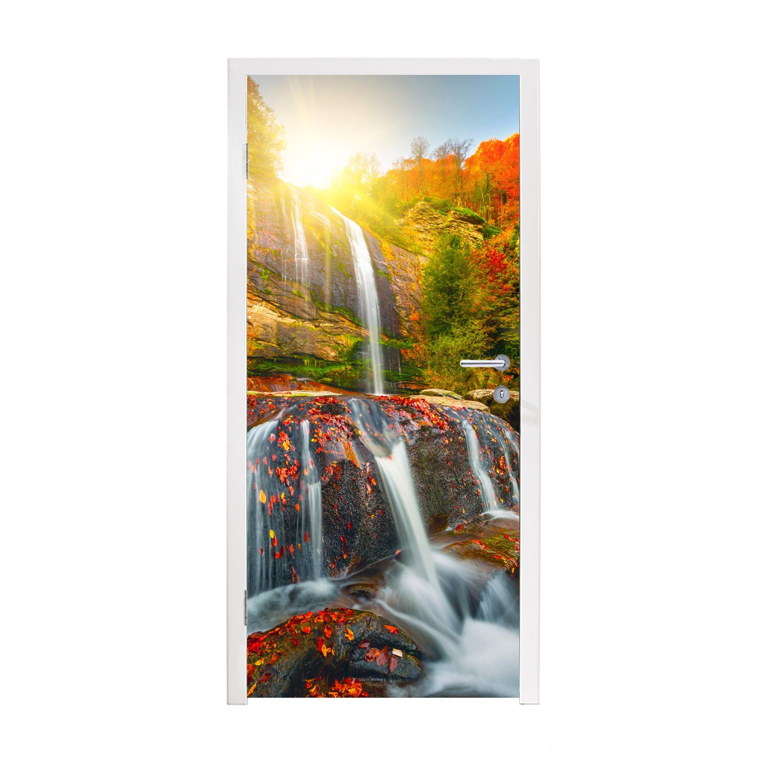 günstig kaufen MuchoWow Türtapete Fototapete - cm Natur - Matt, Türaufkleber, Rot Wasserfall St), (1 Wasser, - für 75x205 Herbst - Tür, bedruckt
