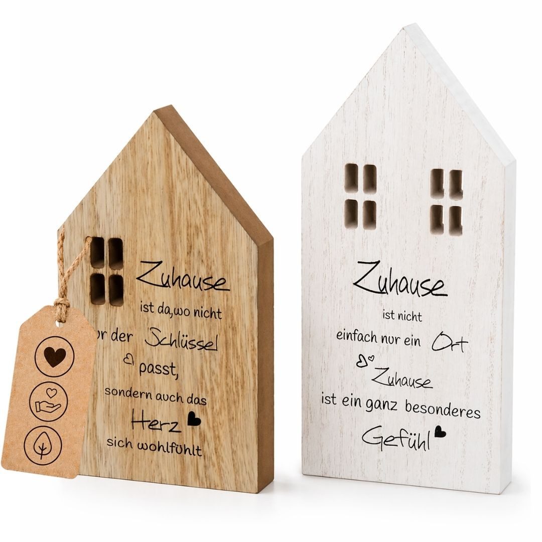 Topanbieter999 Dekoobjekt Holz Deko Häuser mit Sprüchen Set (2er Set weiß/natur), handgearbeitet, FSC 100%, kein Aufbau erforderlich