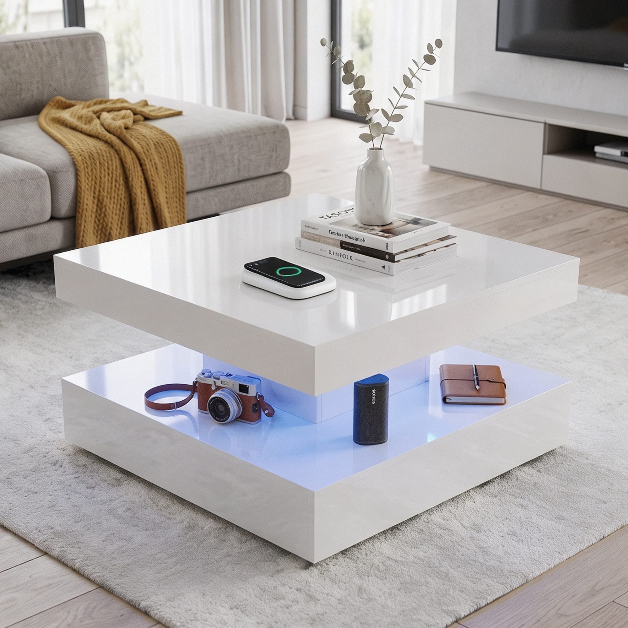 radelldar Couchtisch mit LED-Beleuchtung & Fernbedienung, Quadratischer Sofatisch78x78x40cm (1-St), Hochglanz Wohnzimmertisch, Robuster Beistelltisch
