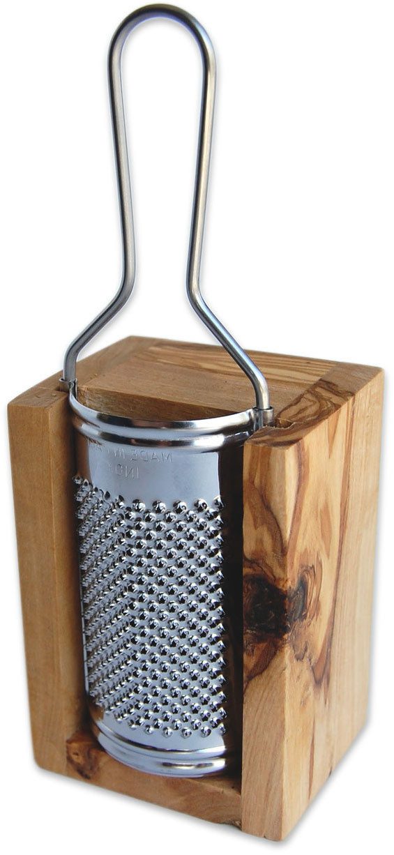 Olivenholz-erleben Käsereibe für Hartkäse, aus Edelstahl mit Olivenholzbox, Edelstahl, Olivenholz, (Set, 2-St., Metallreibe Edelstahl mit Auffangbox aus Olivenholz), Metallreibe aus Edelstahl, Auffangbox aus Olivenholz, auch für Muskat