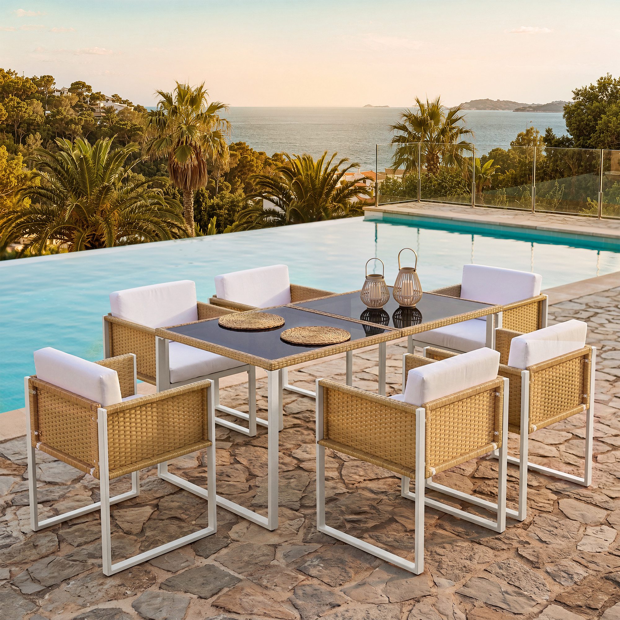 MC Star Gartenlounge-Set Polyrattan-Esstisch- und Stuhlset, Gartenmöbel, (6-Personen-Garten-Essgruppe mit Sesseln, abnehmbare und waschbare Stoffbezüge)