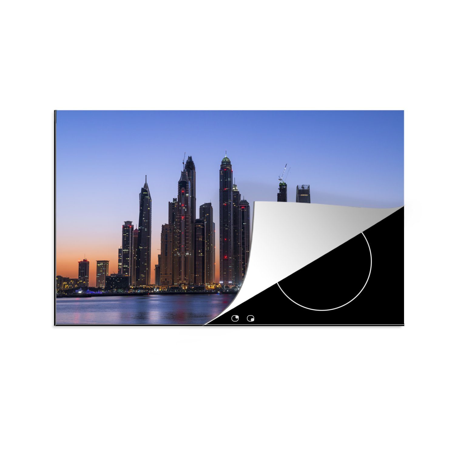 MuchoWow Herdblende-/Abdeckplatte Der Sonnenaufgang versteckt hinter der Skyline von Dubai Marina, Vinyl, (1 tlg), 83x51 cm, Ceranfeldabdeckung, Arbeitsplatte für küche
