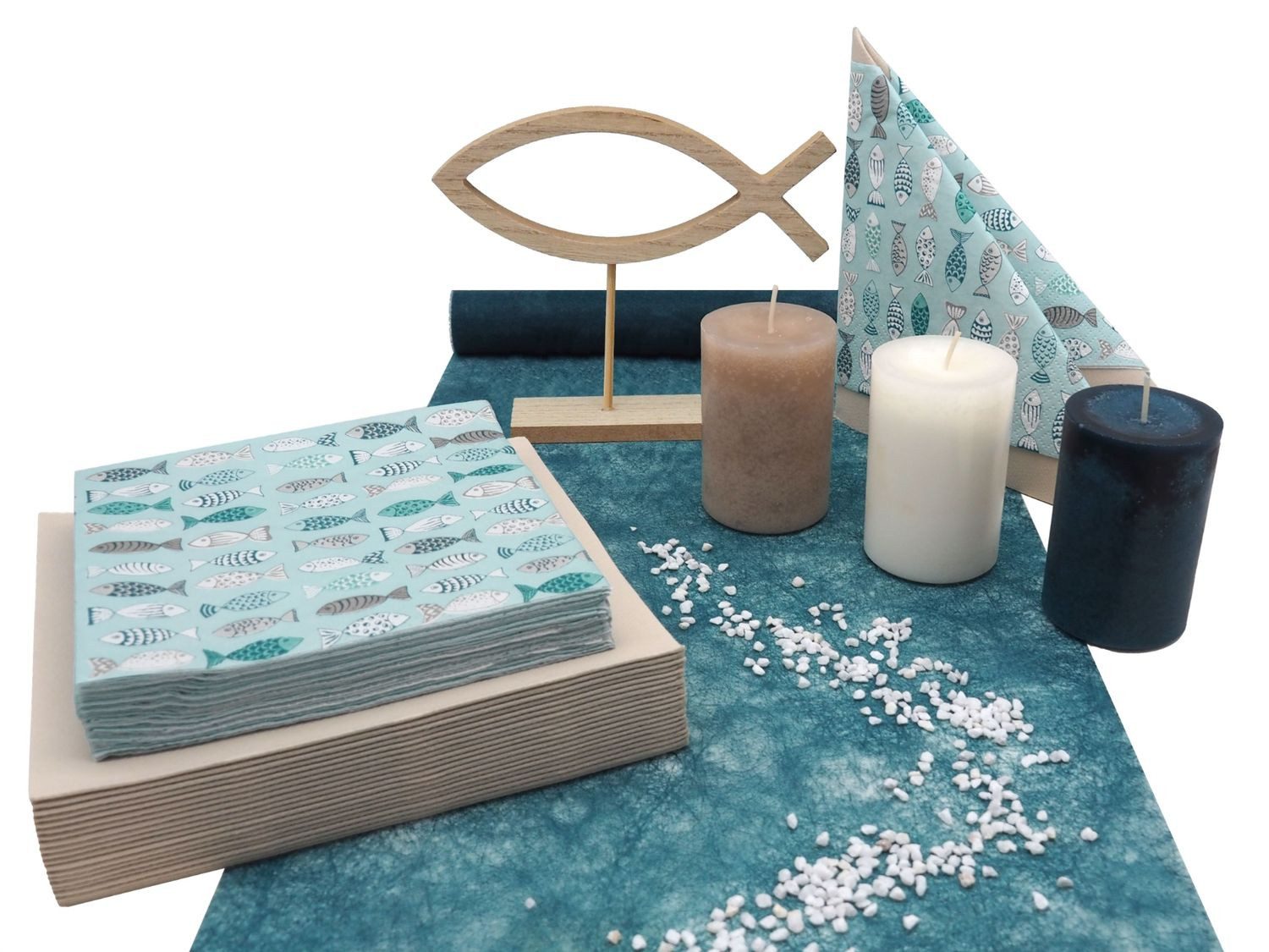 ZauberDeko Tischdecke Tischdeko Kommunion Konfirmation Petrol Creme Fisch SET 20 Personen