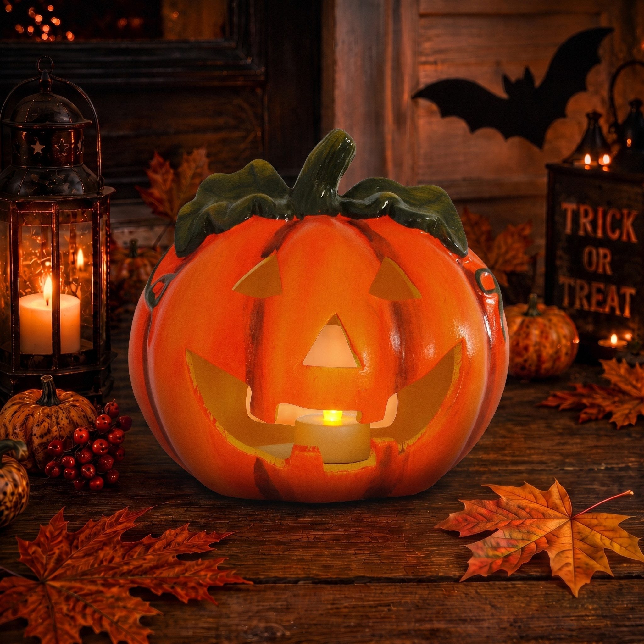matches21 HOME & HOBBY Dekofigur Kürbis-Laterne als LED Halloween-Deko Windlicht in 17x18 cm, Gruseliger Jack-O-Lantern Deko-Kürbis als innen außen Herbst-Deko