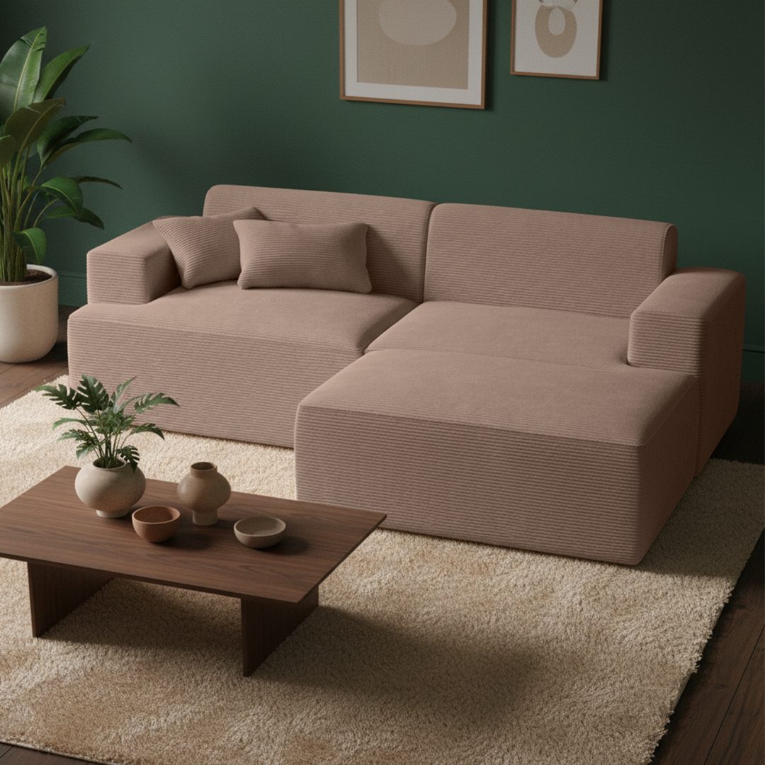 skølm Sofa Freki aus Cord, Vollschaumcouch mit Federkern und Vakuum-Kompression, Taupe, Couch 3 Sitzer inkl. Hocker und 2 Kissen, kein Aufbau erforderlich