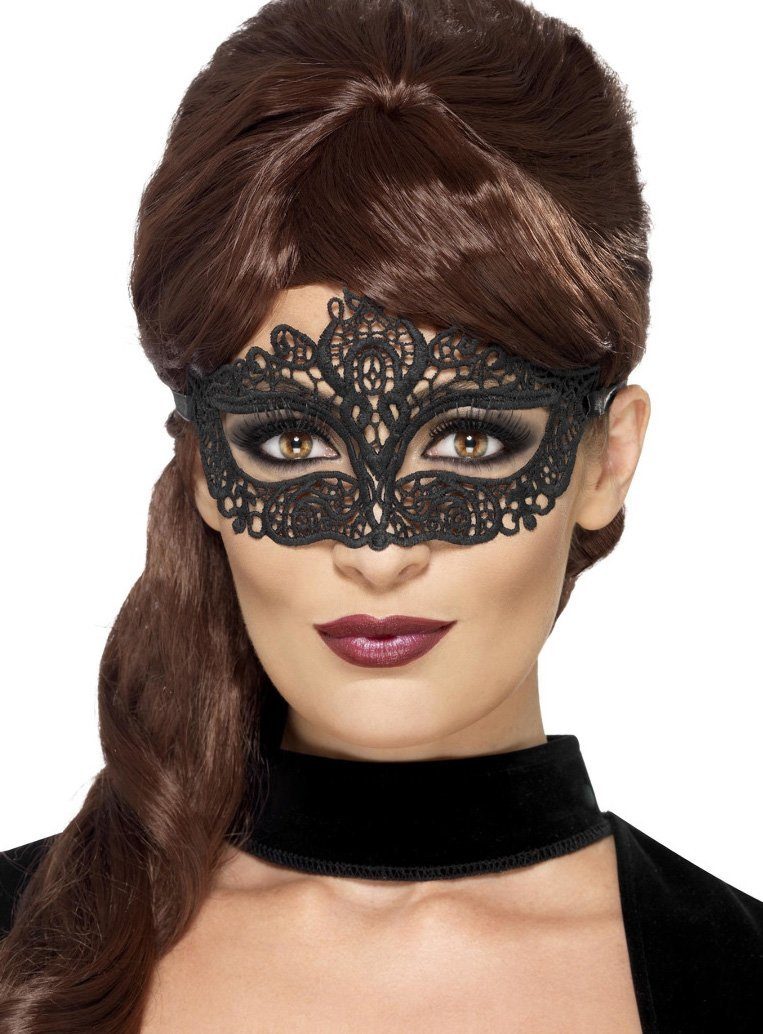 Smiffys Verkleidungsmaske Venezianische Spitzenmaske schwarz - für Fasching, Edle Stoffmaske für den venezianischen Maskenball