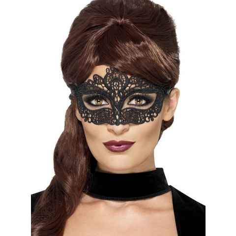 Smiffys Verkleidungsmaske Venezianische Spitzenmaske schwarz, Edle Stoffmaske für den venezianischen Maskenball