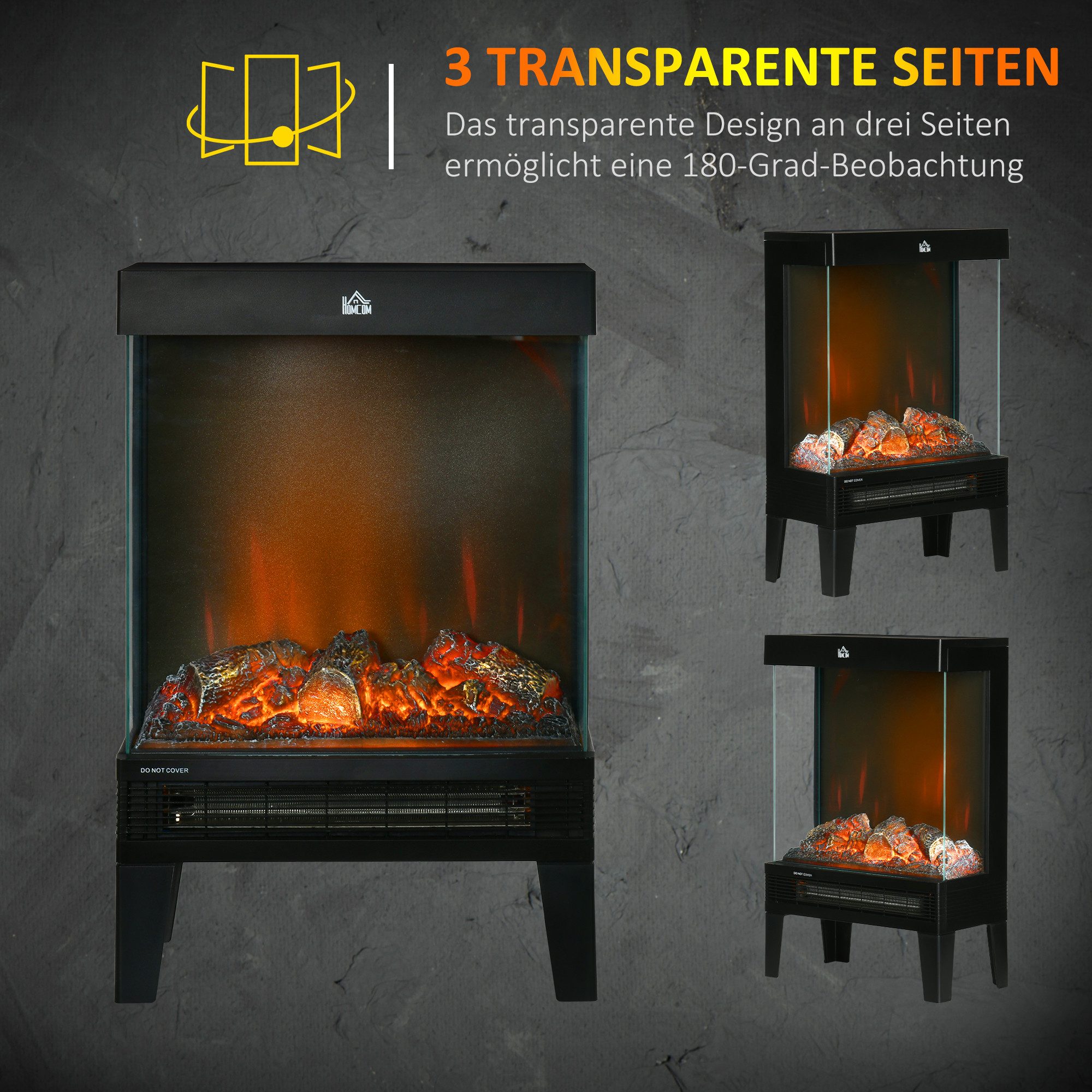 HOMCOM Elektrokamin 2000 W Standkamin mit Heizung, LED 3D-Flammeneffekt, mit 4 Helligkeitsstufen, Thermostat, Überhitzungsschutz, Schwarz – Bild 5 von 5