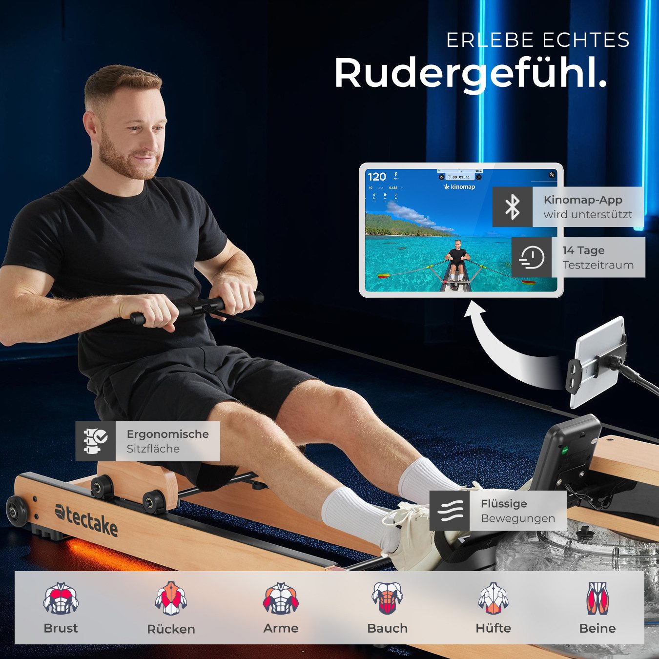 tectake Rudergerät Holzrudergerät aus massiver Buche, klappbar, LCD, flex. Handyhalter (Wasserrudergerät Titan XR2, in braun/schwarz), Bluetooth, 6 Stufen, 150 kg, 6-fach-Pedale, Computer & Funk-Brustgurt