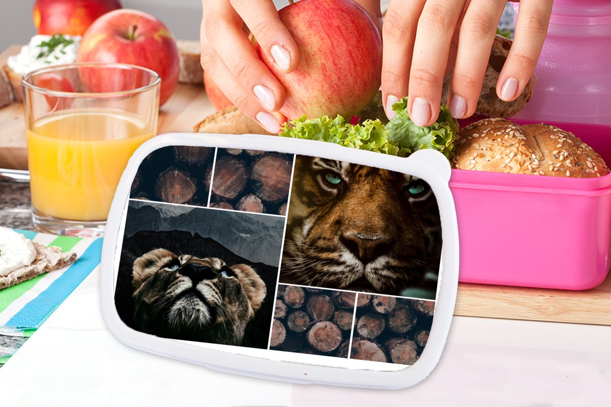 MuchoWow Lunchbox Collage - rosa (2-tlg), Kinder, Kunststoff, Tiger - Snackbox, Erwachsene, Mädchen, für Kunststoff Brotdose Brotbox Holz