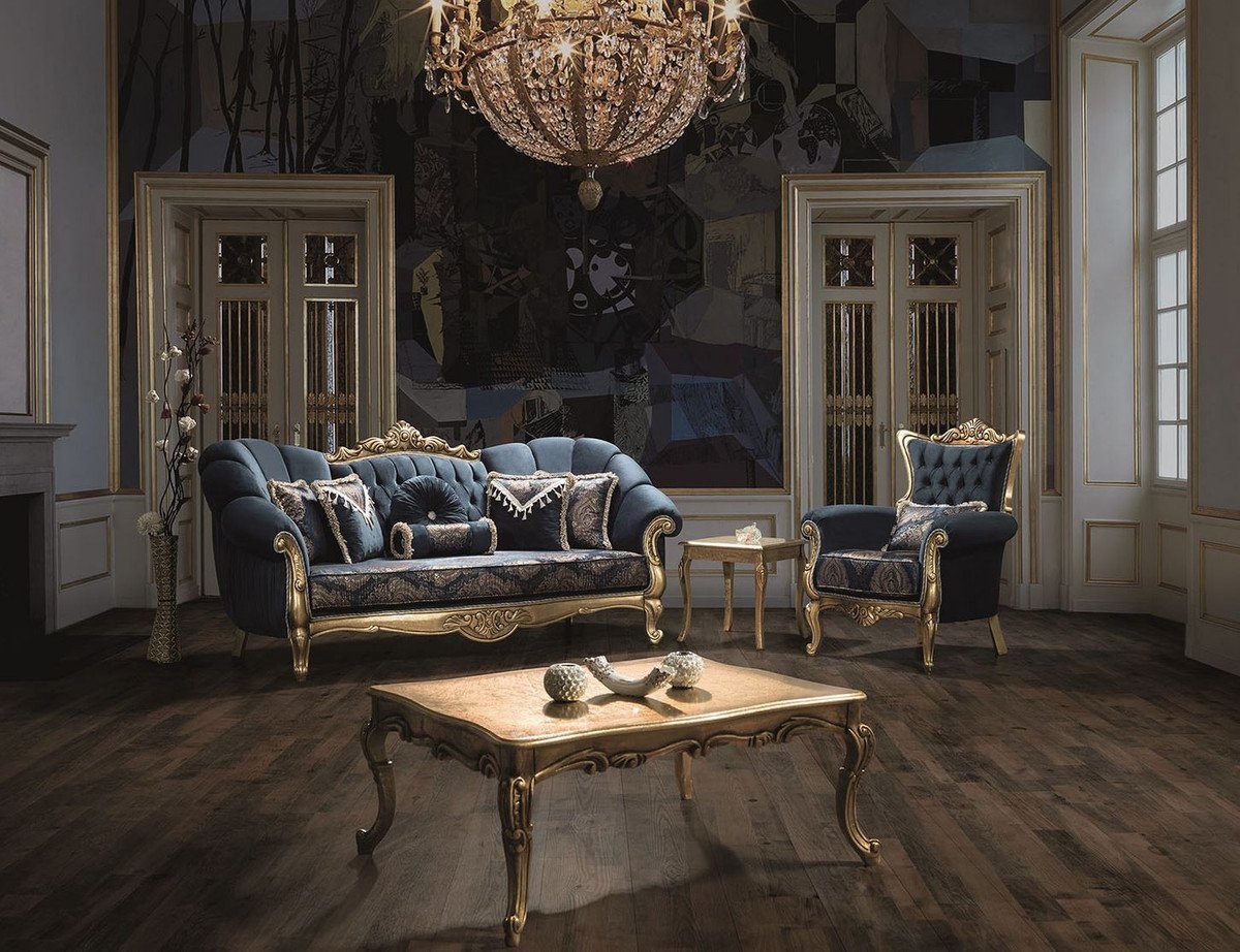 x cm Glitzersteinen und 110 220 H. mit Gold 90 / Sofa dekorativen x Casa Kissen Blau Padrino Sofa Barock Sofa Wohnzimmer Luxus Prunkvolles -
