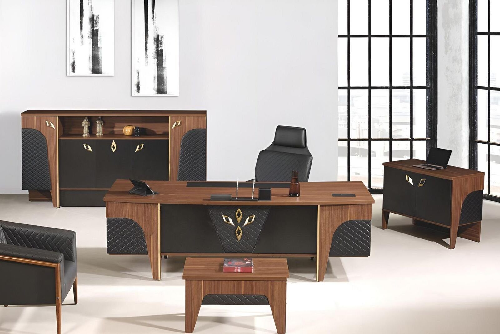 JVmoebel Arbeitstisch Komplette Büro Schreibtisch Bürotisch Set 4tlg Holz Braun Luxus Groß (4-St., 1x Bürotisch + 1x Kommode + 1x Couchtisch + 1x Schrank ohne Sessel), Made in Europa