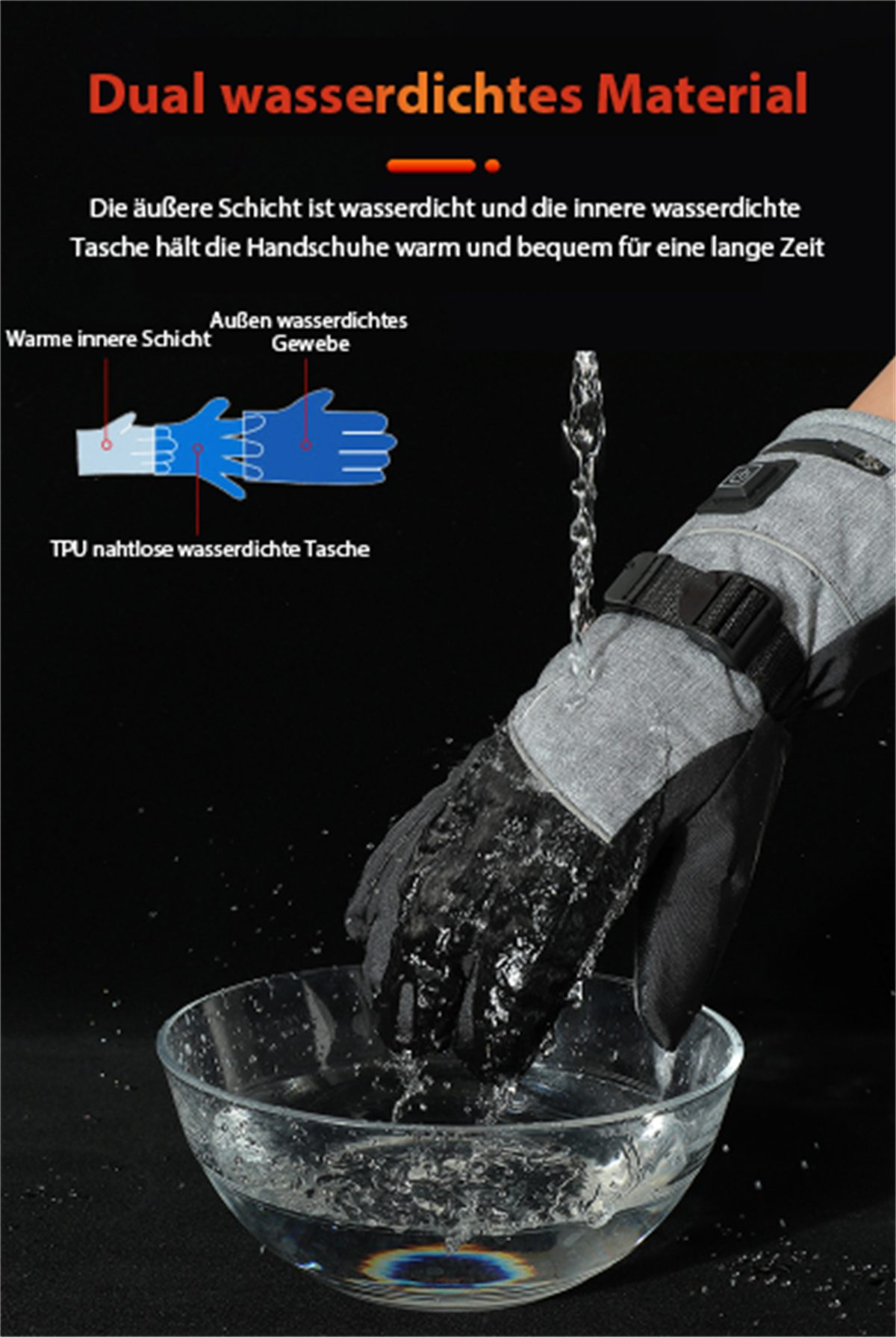 mAh +5000 den carefully Handschuhe Warme Winter-Arbeitshandschuhe wasserdichte graue und Smart-Heizhandschuhe Außenbereich Schwarze selected und für