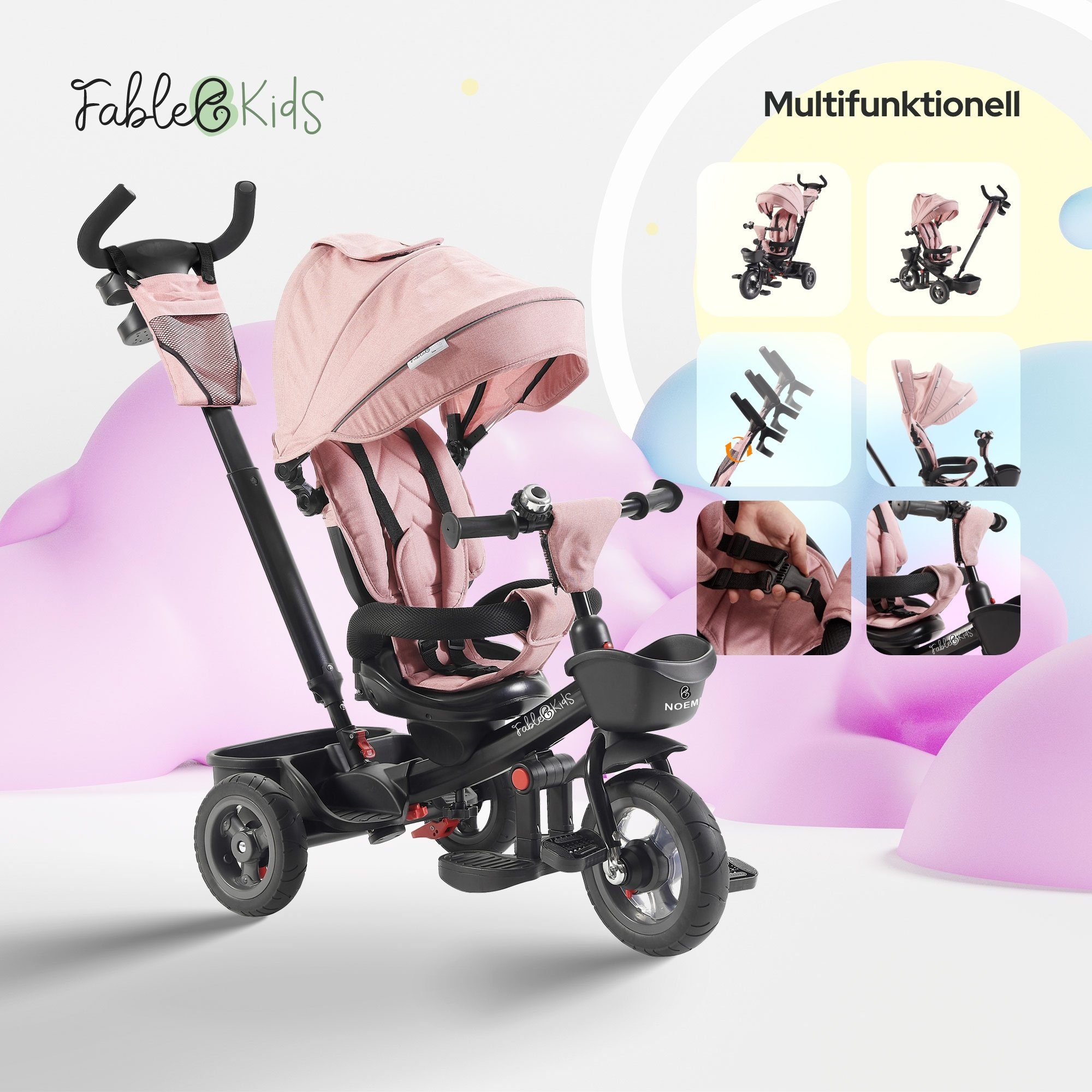 FableKids Dreirad 5in1 Kinderdreirad Kinder Fahrrad Baby Kinderwagen NOEMI, Höhenverstellbare und abnehmbare Schubstange