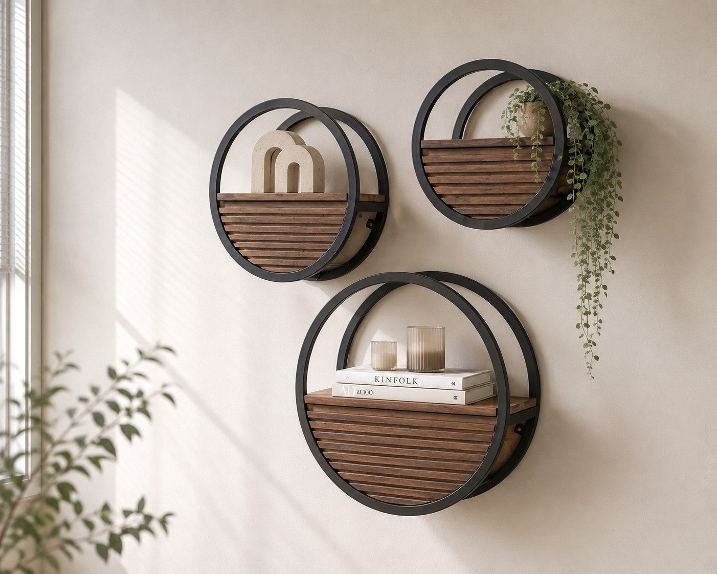 Maison ESTO Wandregal Wandregal CIRCANO rund Naturholz Metall Ø 30, 40 oder 50 cm, Mit praktischer Schublade und sicherer Wandmontage