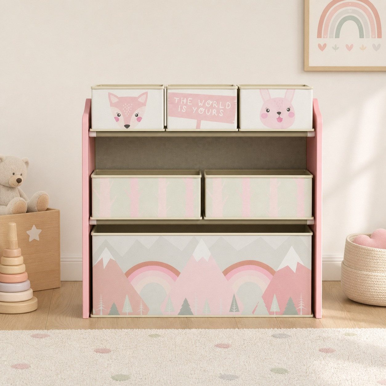 REDOM Kinderregal Kinderschrank mit 6 Stoffboxen Kinderzimmer Aufbewahrung 63x30x66 cm, Aufbewahrungsschrank für Kinderzimmer niedliches Motiv 6 Fächer 1-tlg., Rosa Kinder Kommode mit Stoffboxen für Spielzeug Ordnung