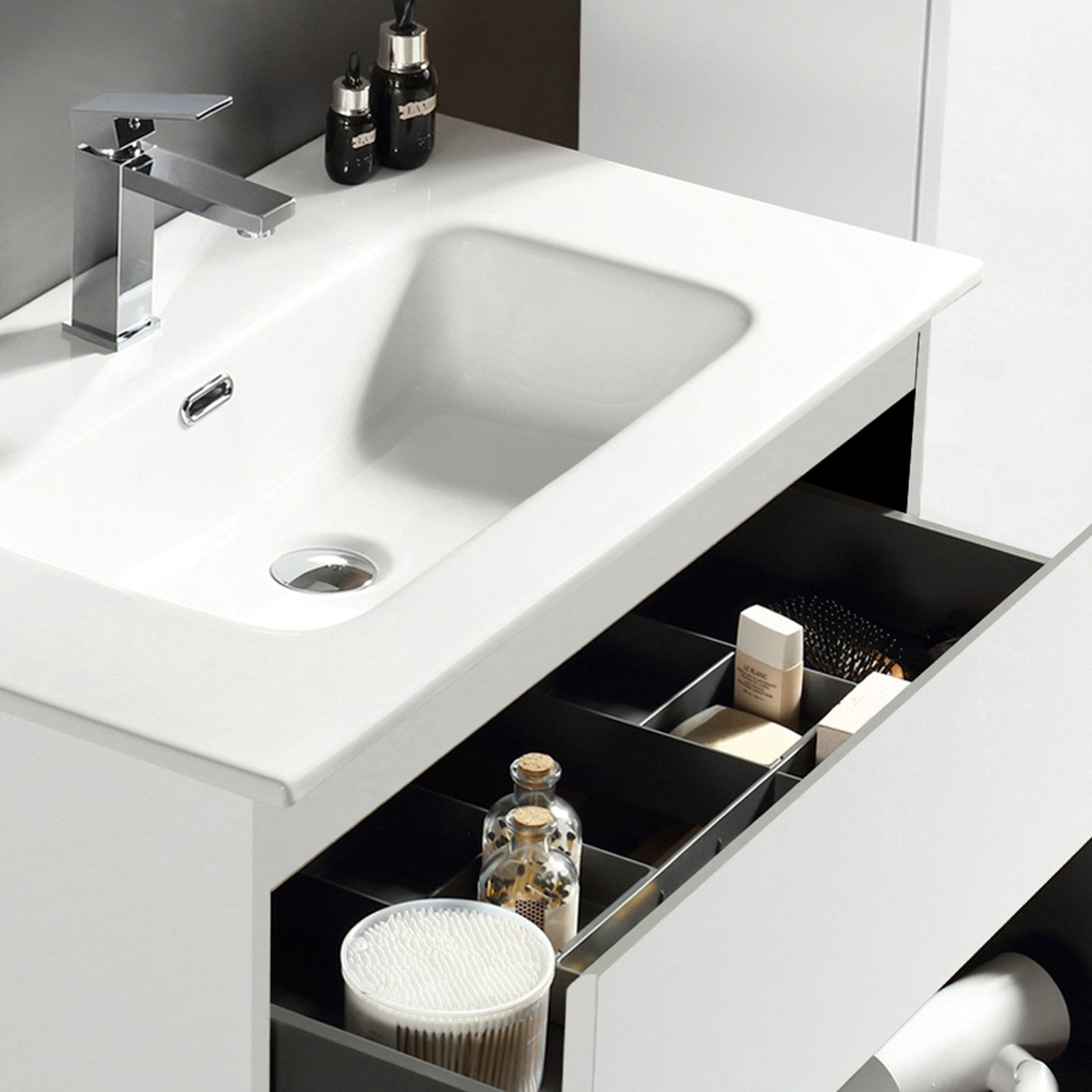 Alpenberger Badmöbel-Set - Badschrank Badezimmer Schrank, (LED Spiegel Rund mit Beleuchtung, Waschbecken mit Unterschrank), Badezimmermöbel Set mit Badspiegel