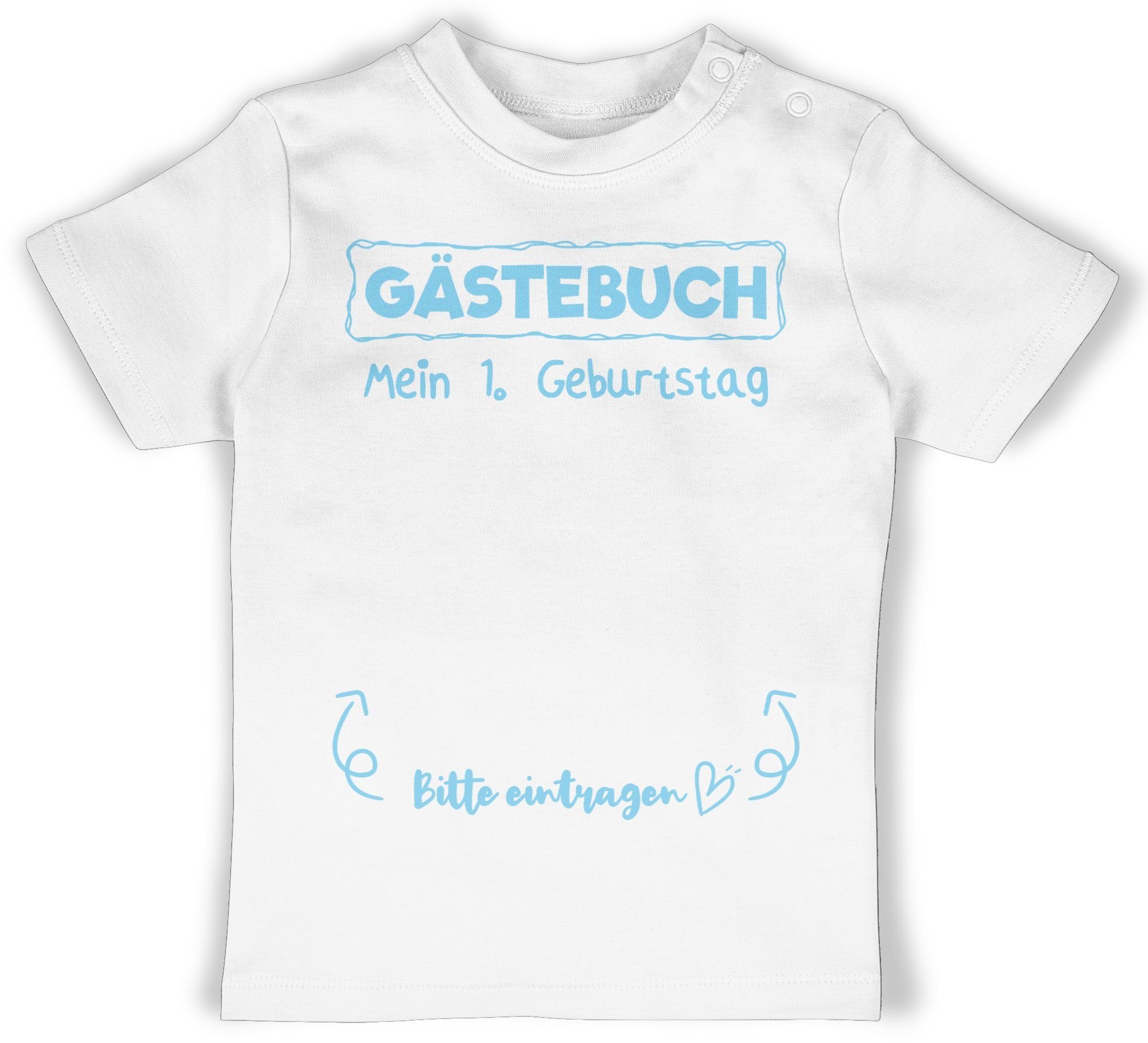 T-Shirt Gästebuch Mein erster Geburtstag blau