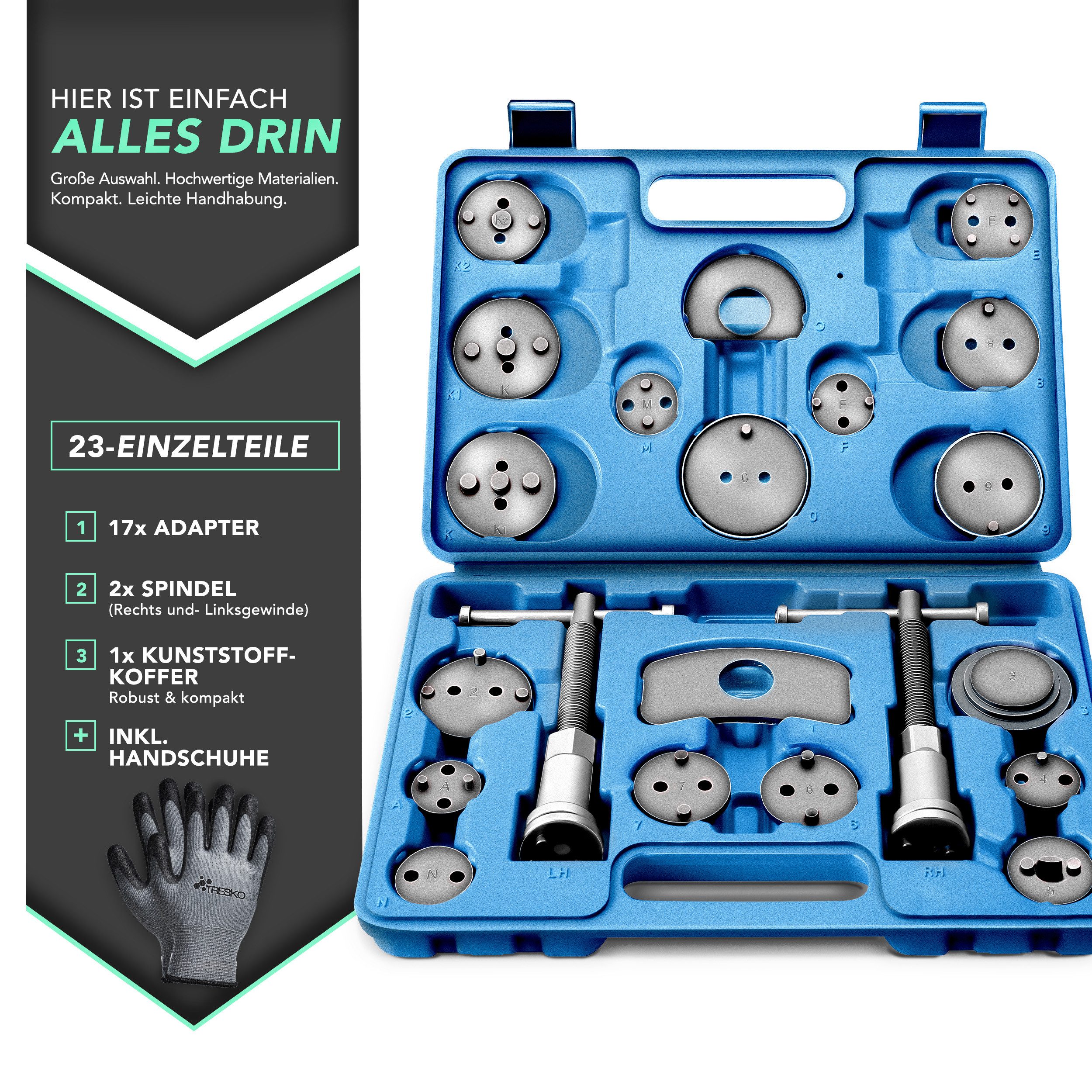 TRESKO Montagewerkzeug TRESKO 23tlg Bremskolbenrücksteller Blau Set Bremskolben Satz Kolben, universell
