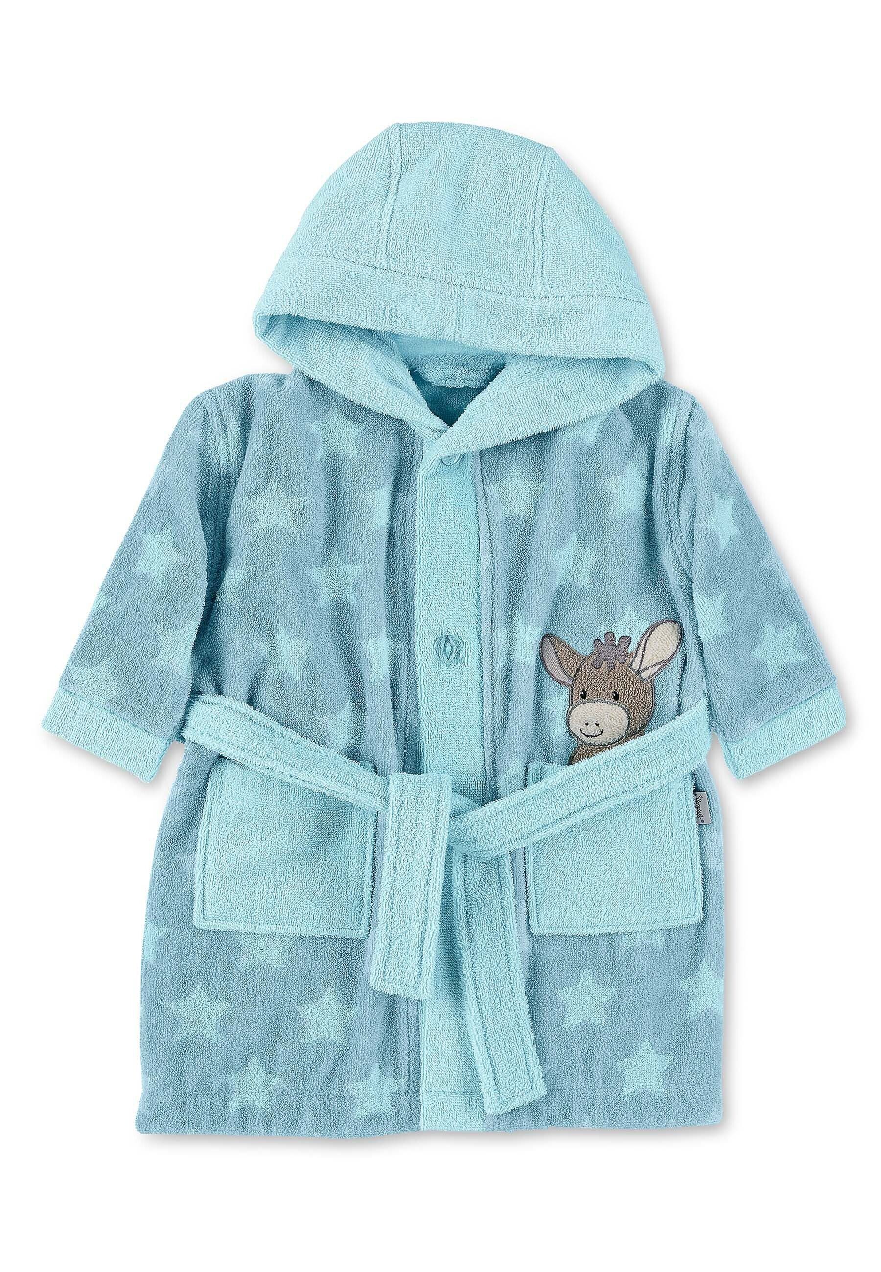 Sterntaler® Babybademantel Bademantel ESEL Emmi, lange Arme, 100 % Baumwolle, aus saugfähiger Baumwolle, mit Kapuze und aufgesetzten Taschen, Knöpfe, Babybademantel aus Frottee mit Kapuze, Taschen, Gürtel und Stickmotiv