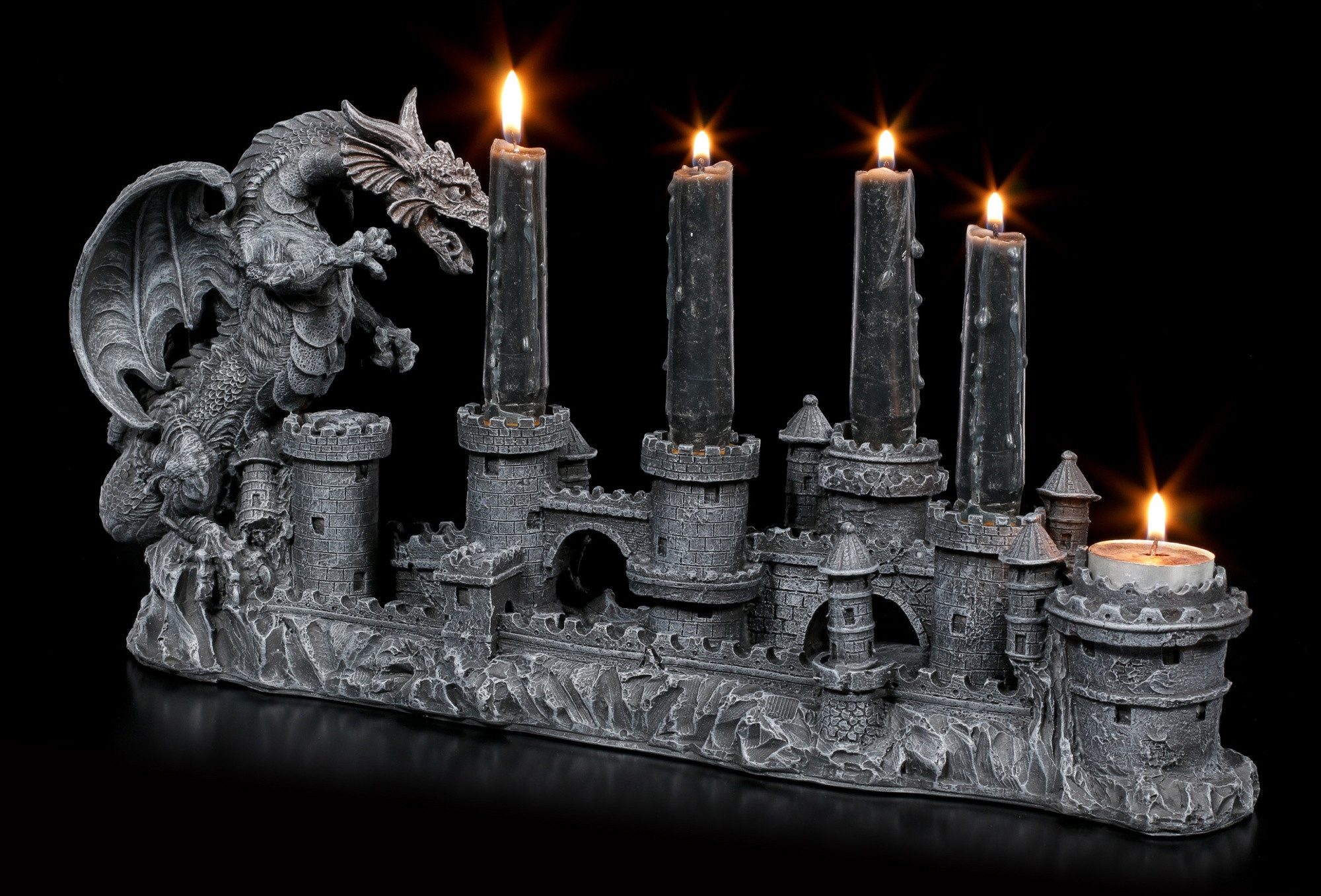 Figuren Shop GmbH Kerzenhalter Drachen Kerzenhalter – Gothic Fantasy Statue fünfarmig 43cm Dekoration