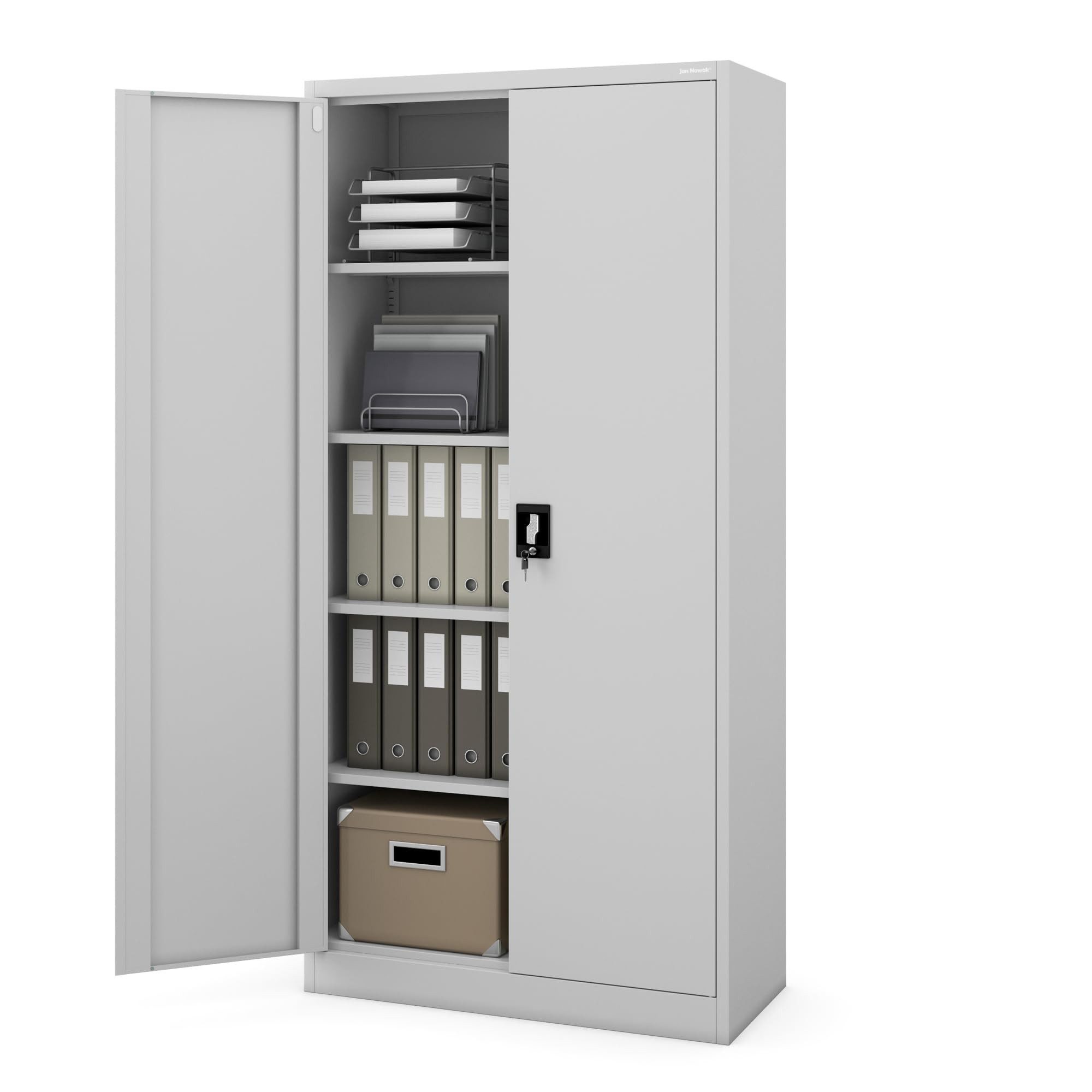Jan Nowak Aktenschrank Metall Büroschrank abschließbar 90 cm JAN 4 Böden Stahl (Pulverbeschichtet 0,6 mm Wandmontage möglich PZH-zertifiziert) Ordnerschrank 50 Ordner Schloss 2 Schlüssel robust 13 Farben
