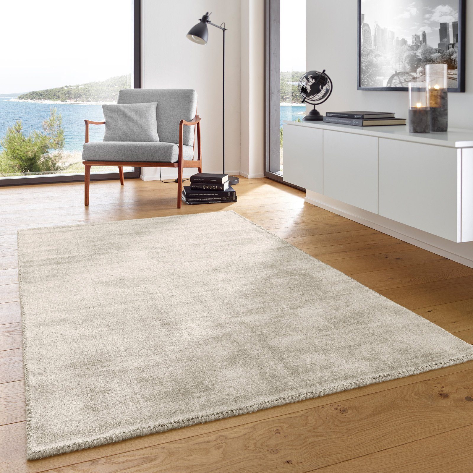 Viscoseteppich creme glänzend Vanessa Teppich mm, rechteckig, 15 Handarbeit, Schlafzimmer Höhe: 080X150 Wohnzimmer TaraCarpet TaraCarpet, Esszimmer strapazierfähiger cm Kurzflor