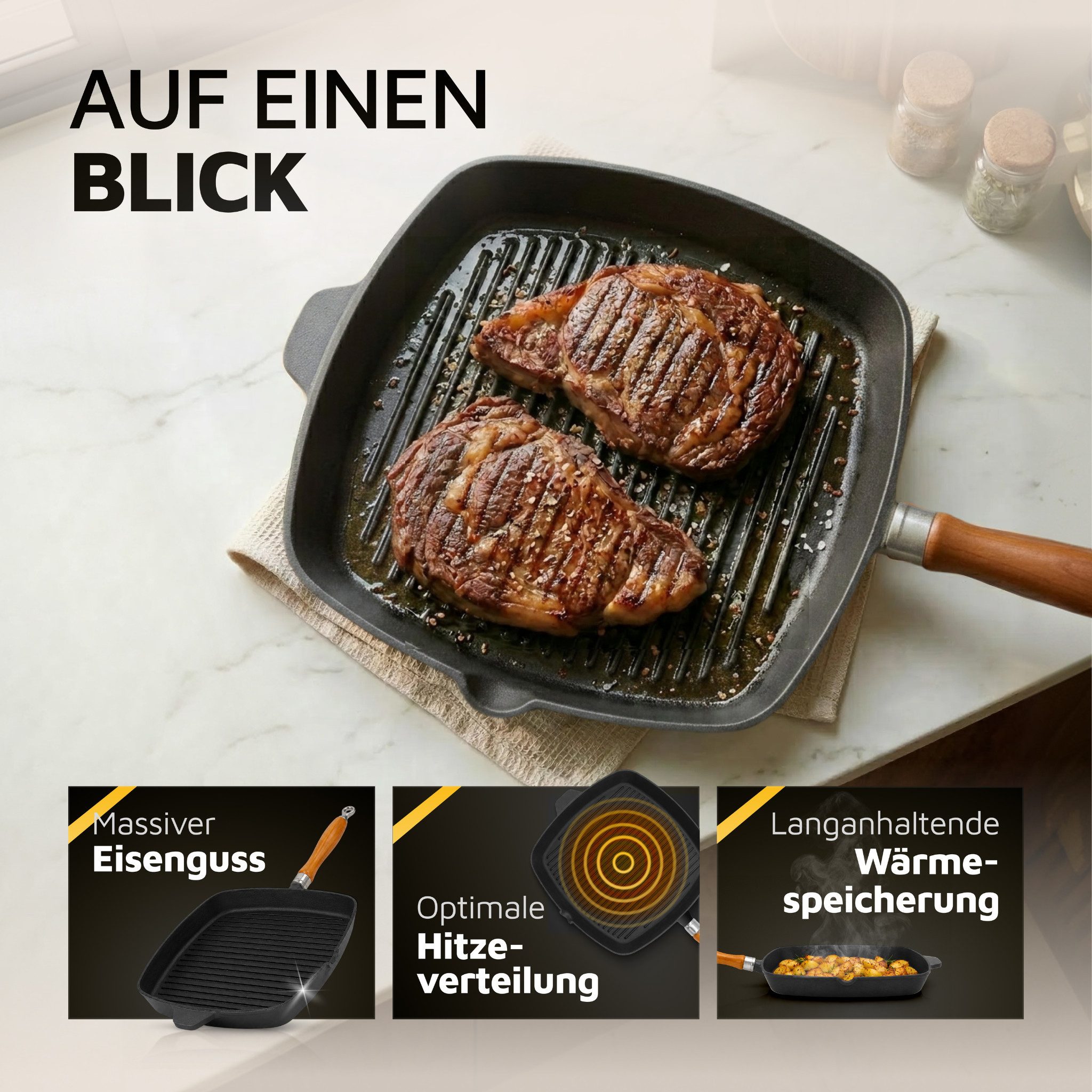 Krüger Steakpfanne Einsenguss Grill-/ Steakpfanne RUSTICA, 28 x 28cm, Gusseisen (1-tlg), für Induktions-Kochfelder geeignet