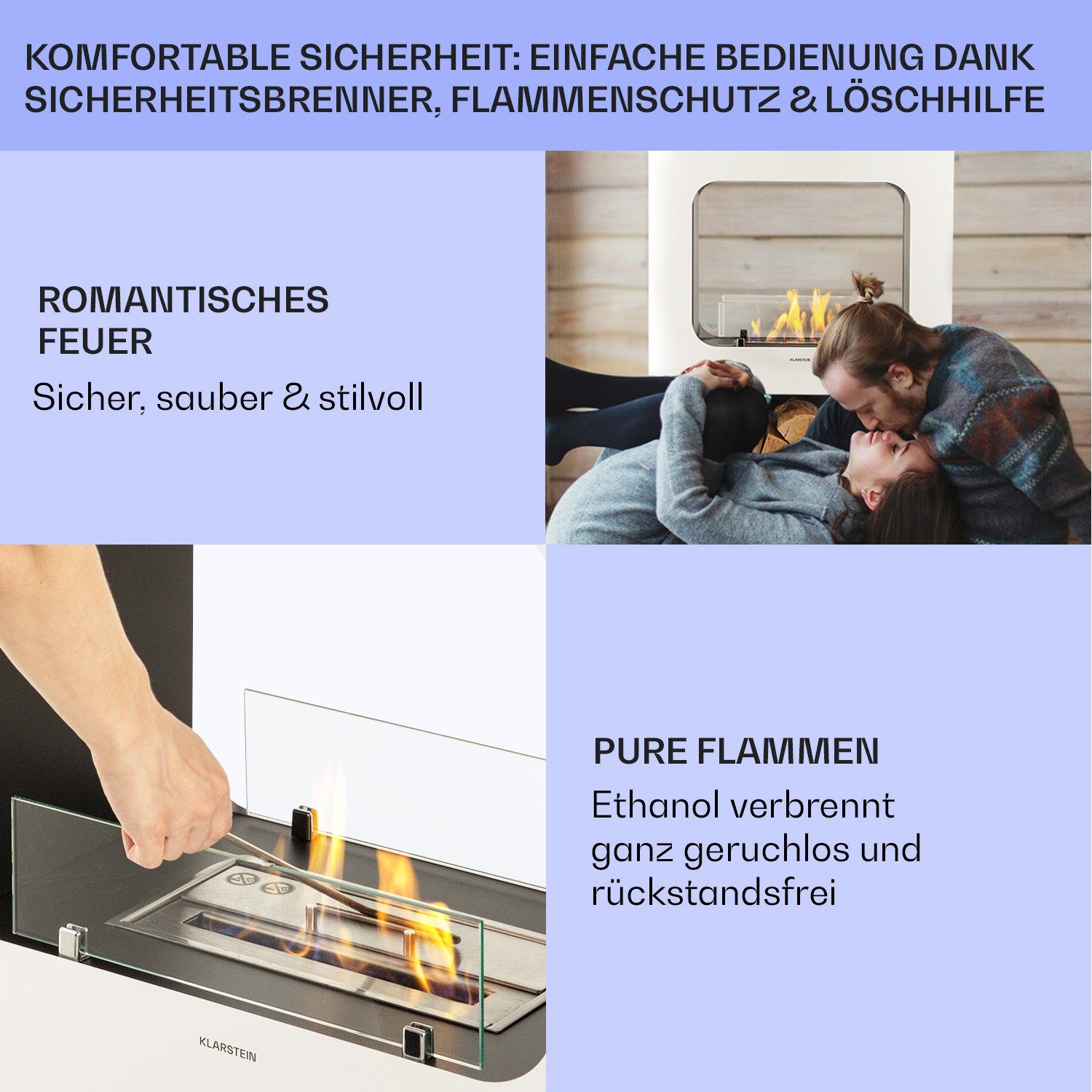 Phantasma Weiss Kaminofen Klarstein Peña Echtfeuer-Dekokamin Ethanol-Kamin, Sicherheitsbrenner Bio-Ethanol