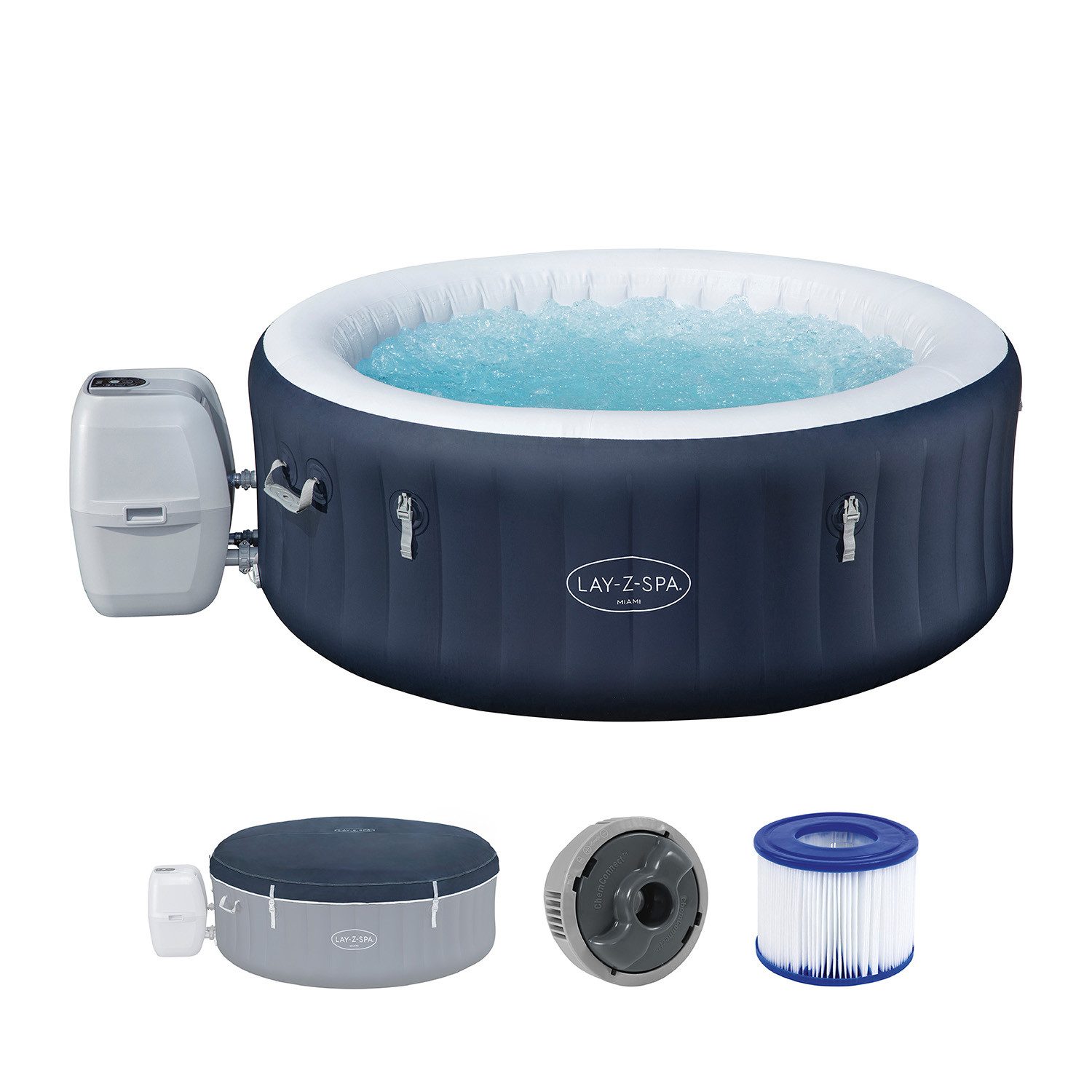 Bestway Whirlpool LAY-Z-SPA Miami AirJet™, (Packung, 1-tlg., Inkl. Pumpe und Adeckung), Integrierte Energiespardämmung, Ø 180 x 66 cm