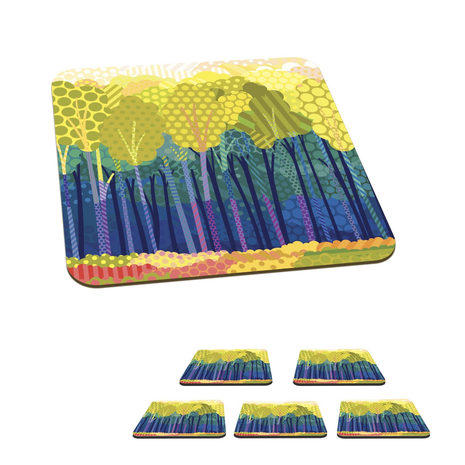 MuchoWow Glasuntersetzer Eine Illustration von grünen Bäumen in einem Wald, Zubehör für Gläser, 6-tlg., Glasuntersetzer, Tischuntersetzer, Korkuntersetzer, Untersetzer, Tasse