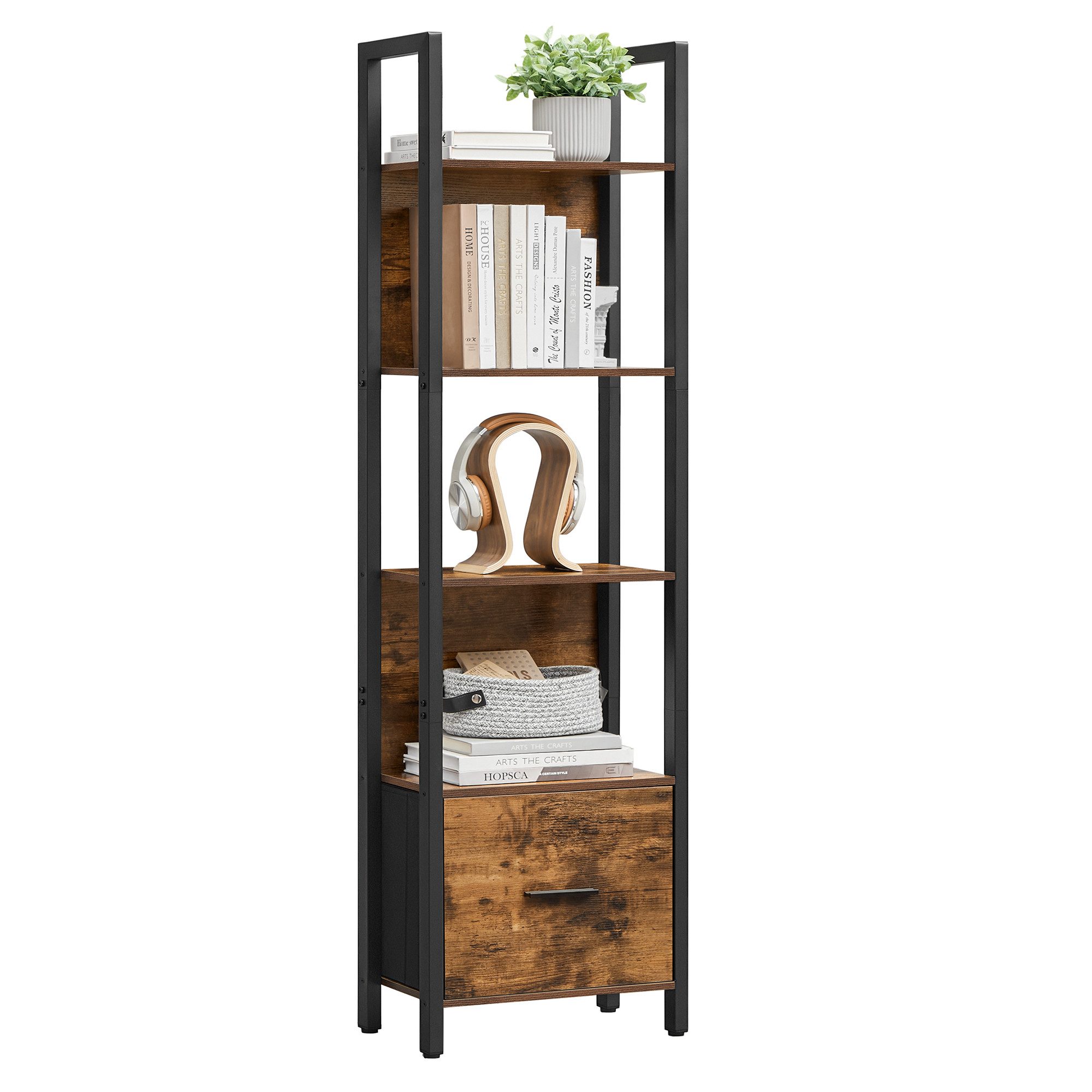 VASAGLE Bücherregal Küchenregal, Standregal, Flur, Küche, Büro, stabiles Stahlgestell, Leiterregal, Industrial-Design, mit Stahlrahmen, 24 x 40 x 165 cm